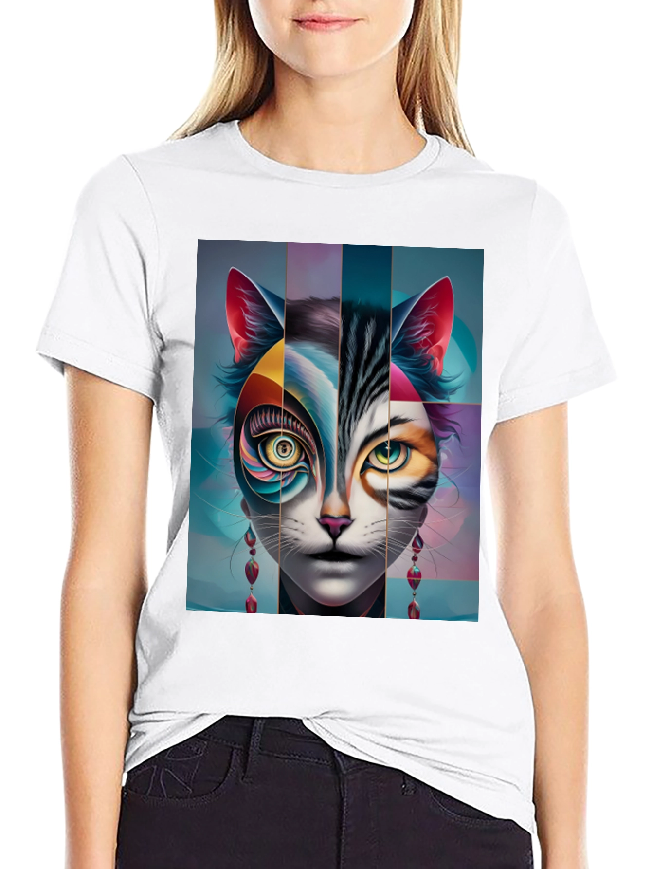 Artistic Cat Face Graphic Tee - Black