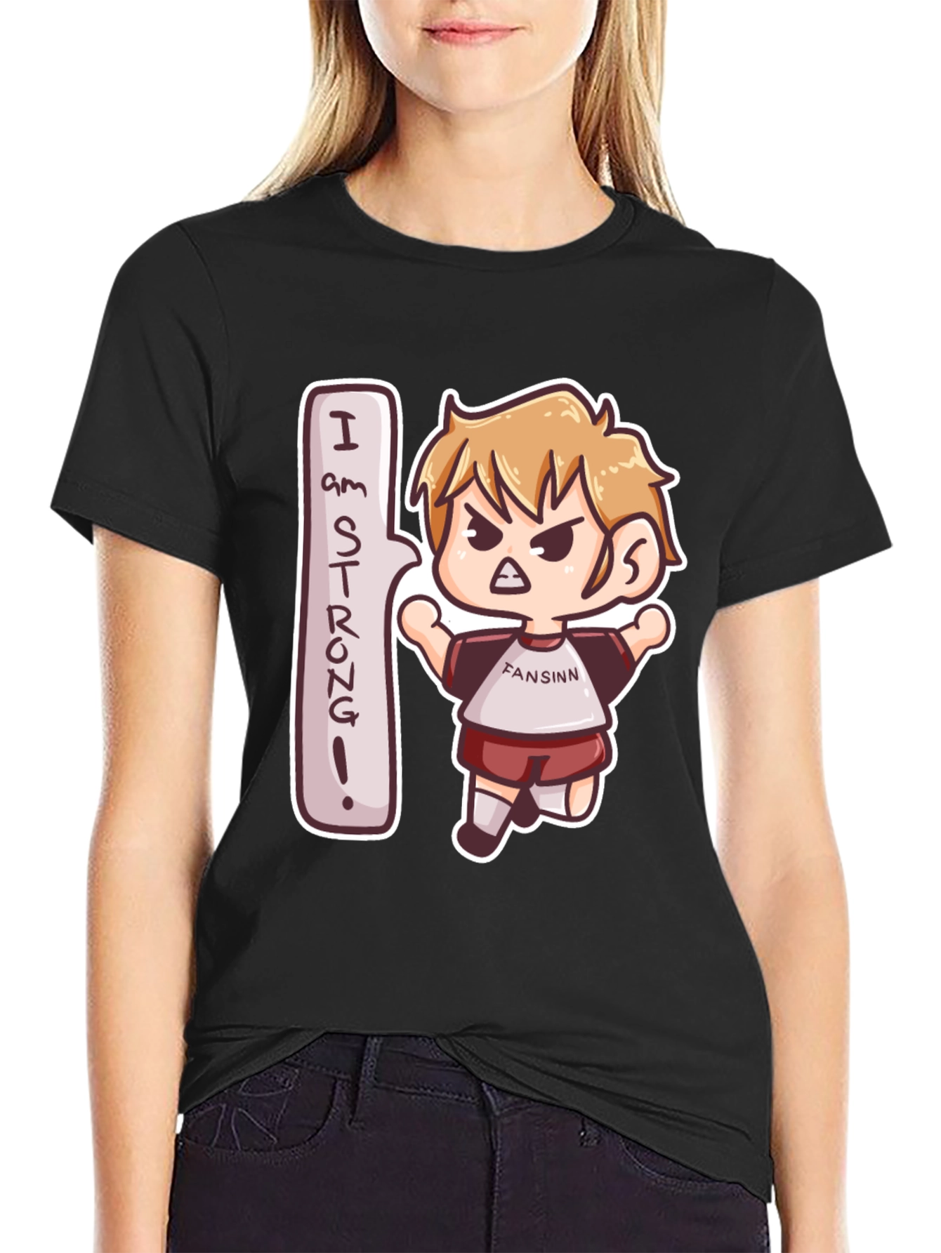 I am Strong! Black Cartoon Tee