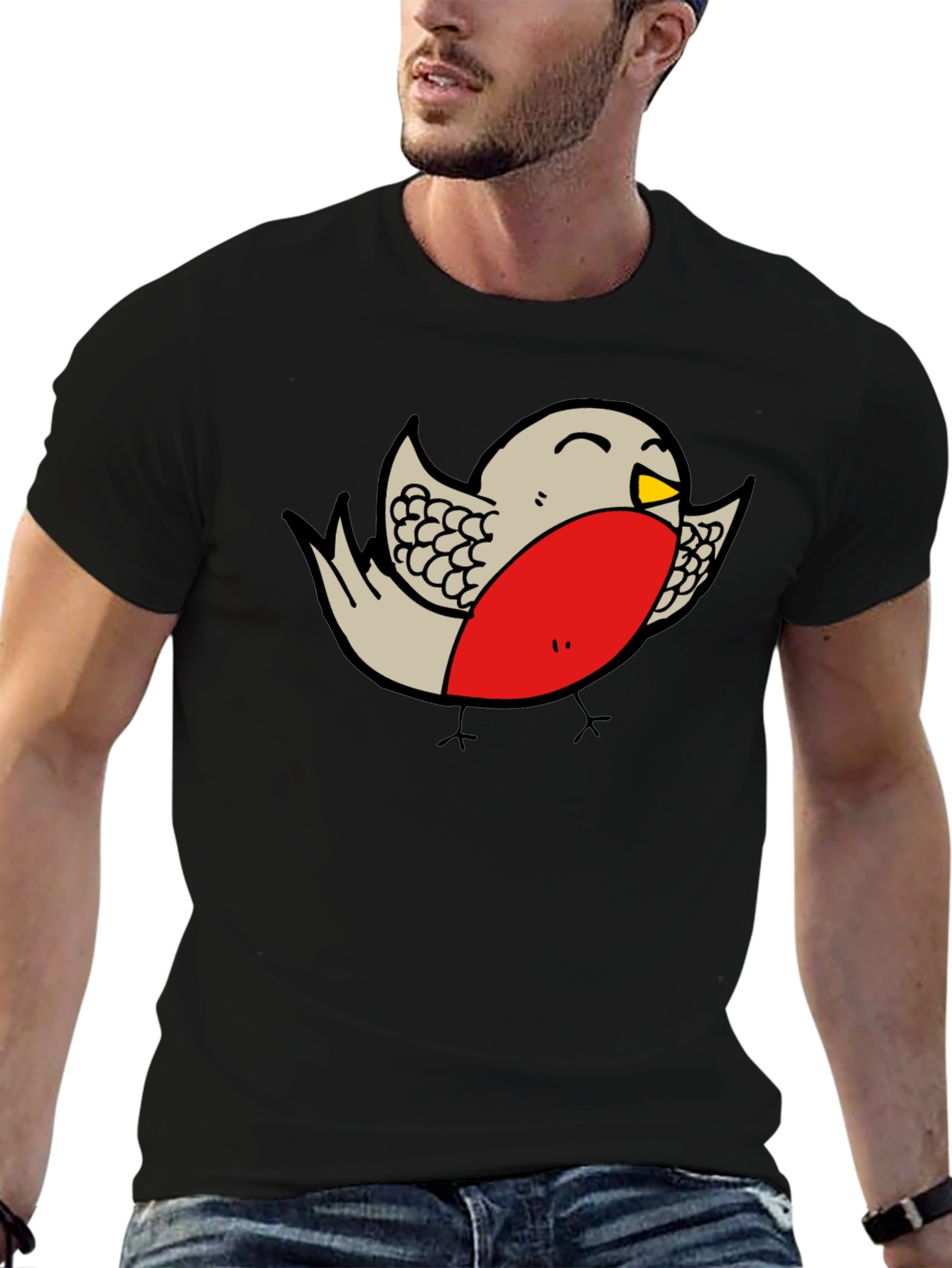 Cartoon Robin Graphic Print Black T-Shirt