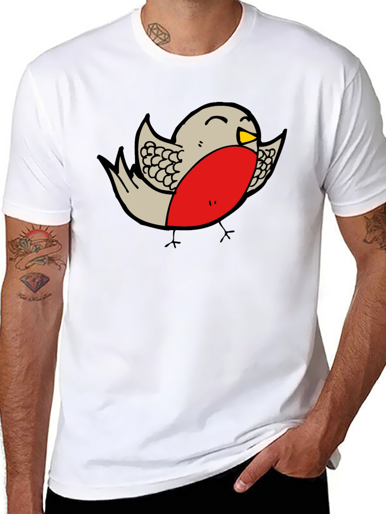 Cartoon Robin Graphic Print Black T-Shirt