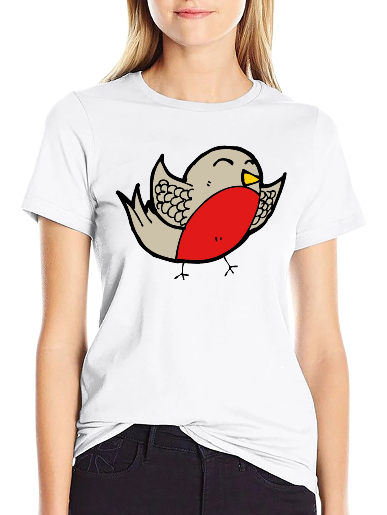 Cartoon Robin Graphic Print Black T-Shirt
