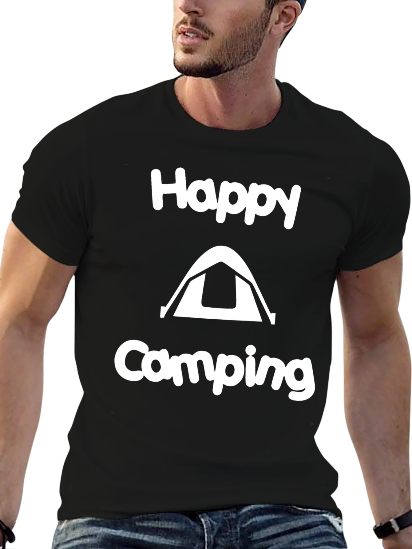 Happy Camping Graphic Tee - Black Cotton T-Shirt