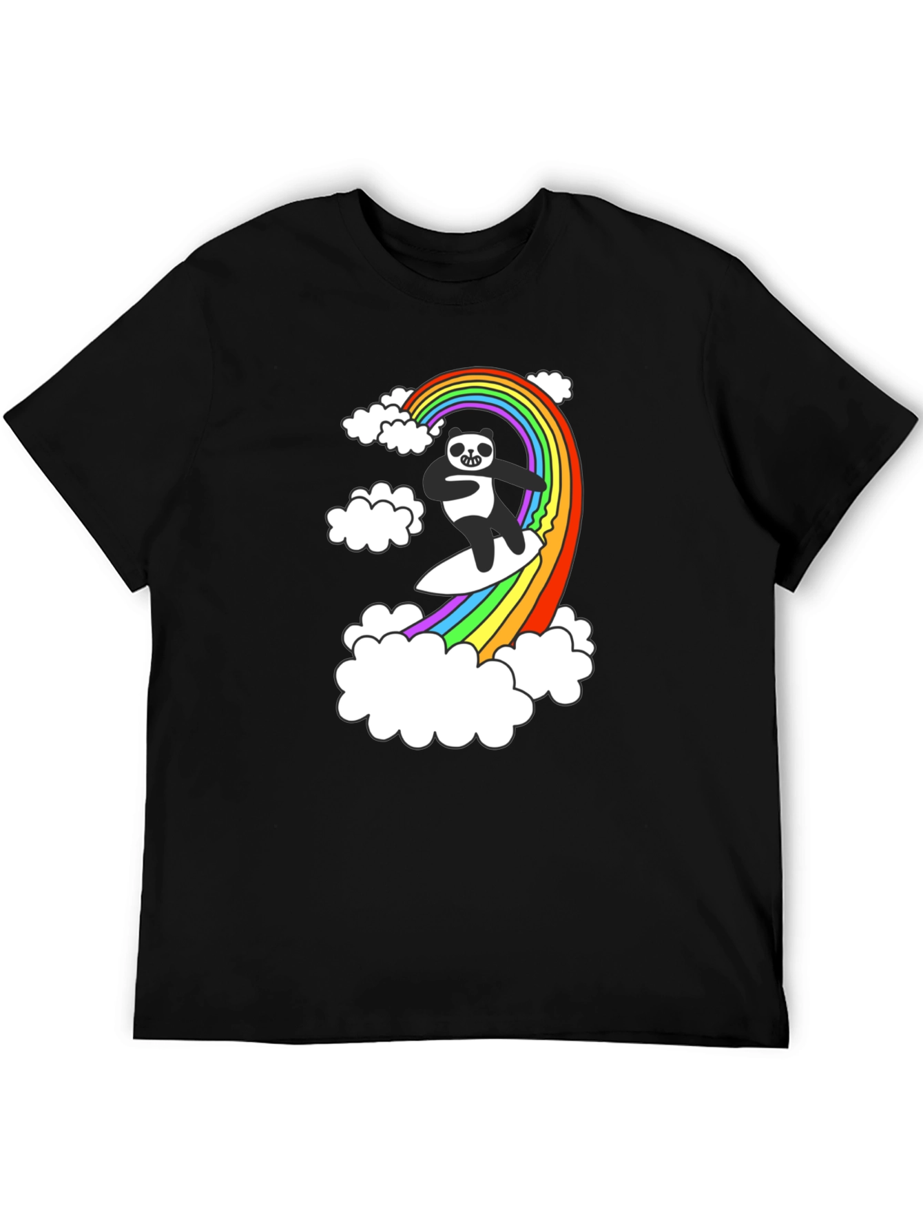 Rainbow Panda Surfing T-Shirt - Black