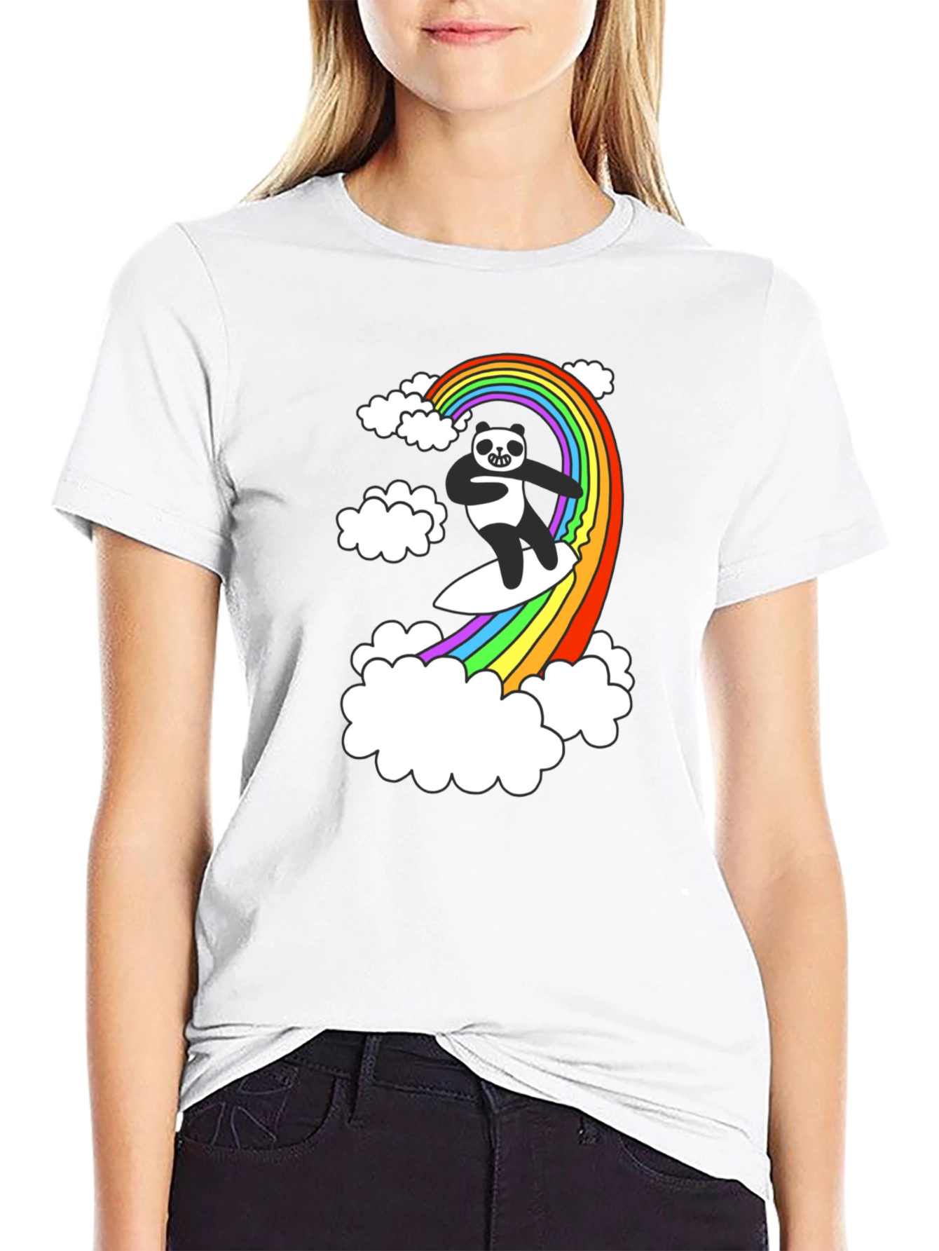 Rainbow Panda Surfing T-Shirt - Black
