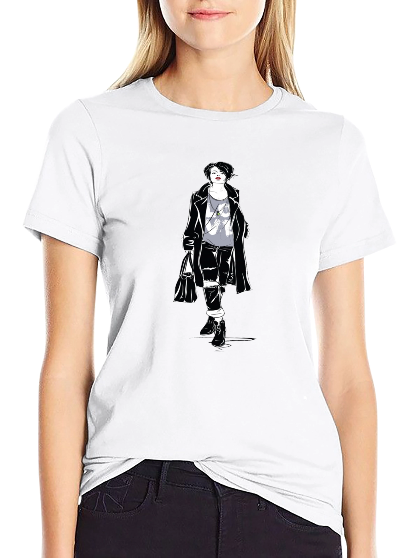 Stylish Woman Graphic Tee - Black Cotton