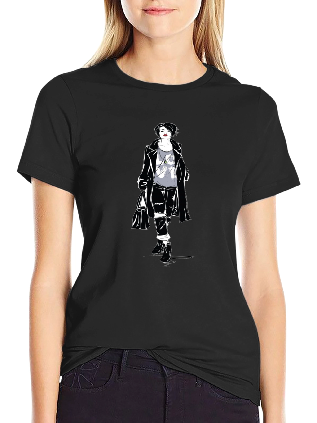 Stylish Woman Graphic Tee - Black Cotton
