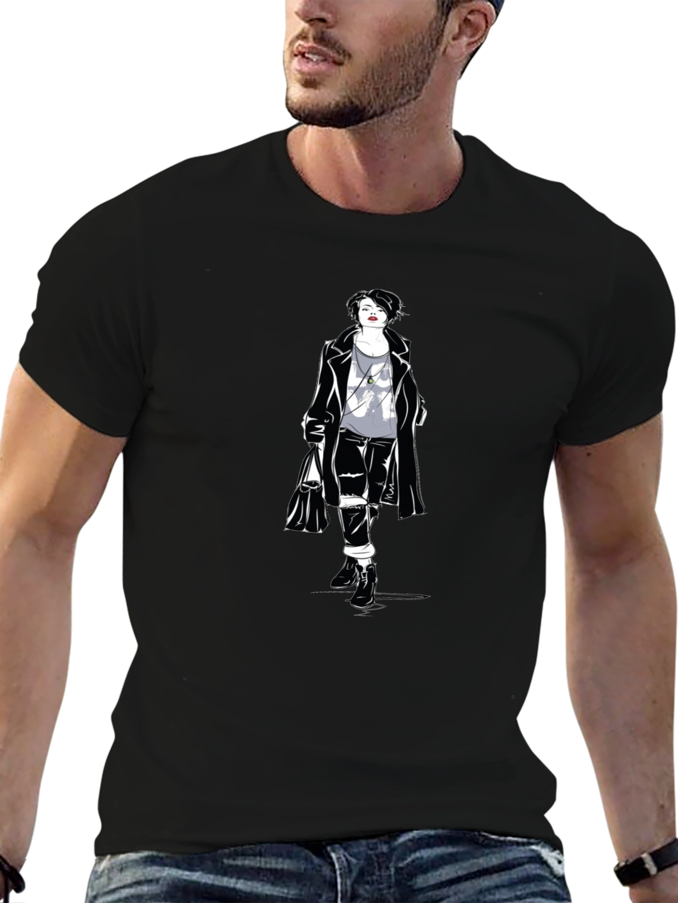 Stylish Woman Graphic Tee - Black Cotton