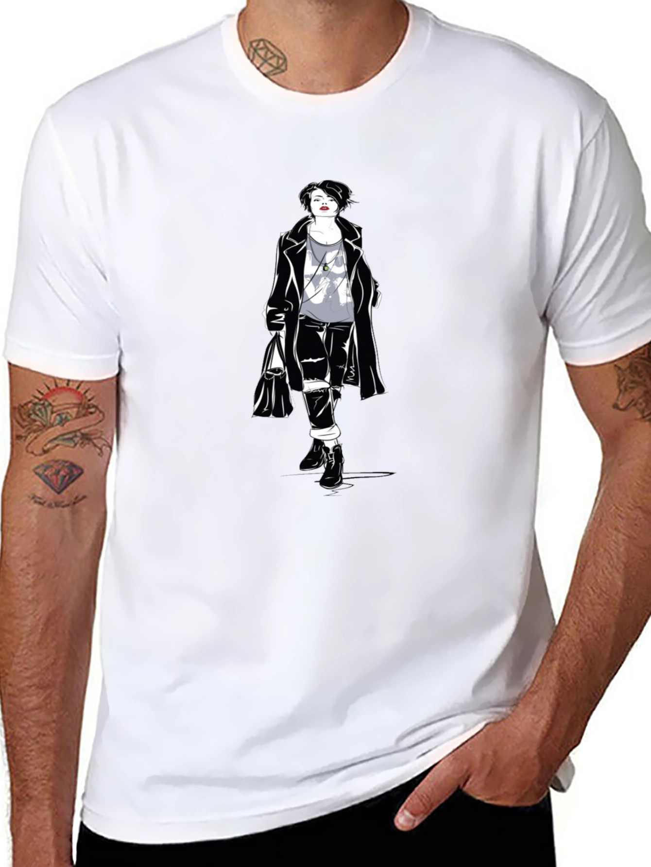 Stylish Woman Graphic Tee - Black Cotton