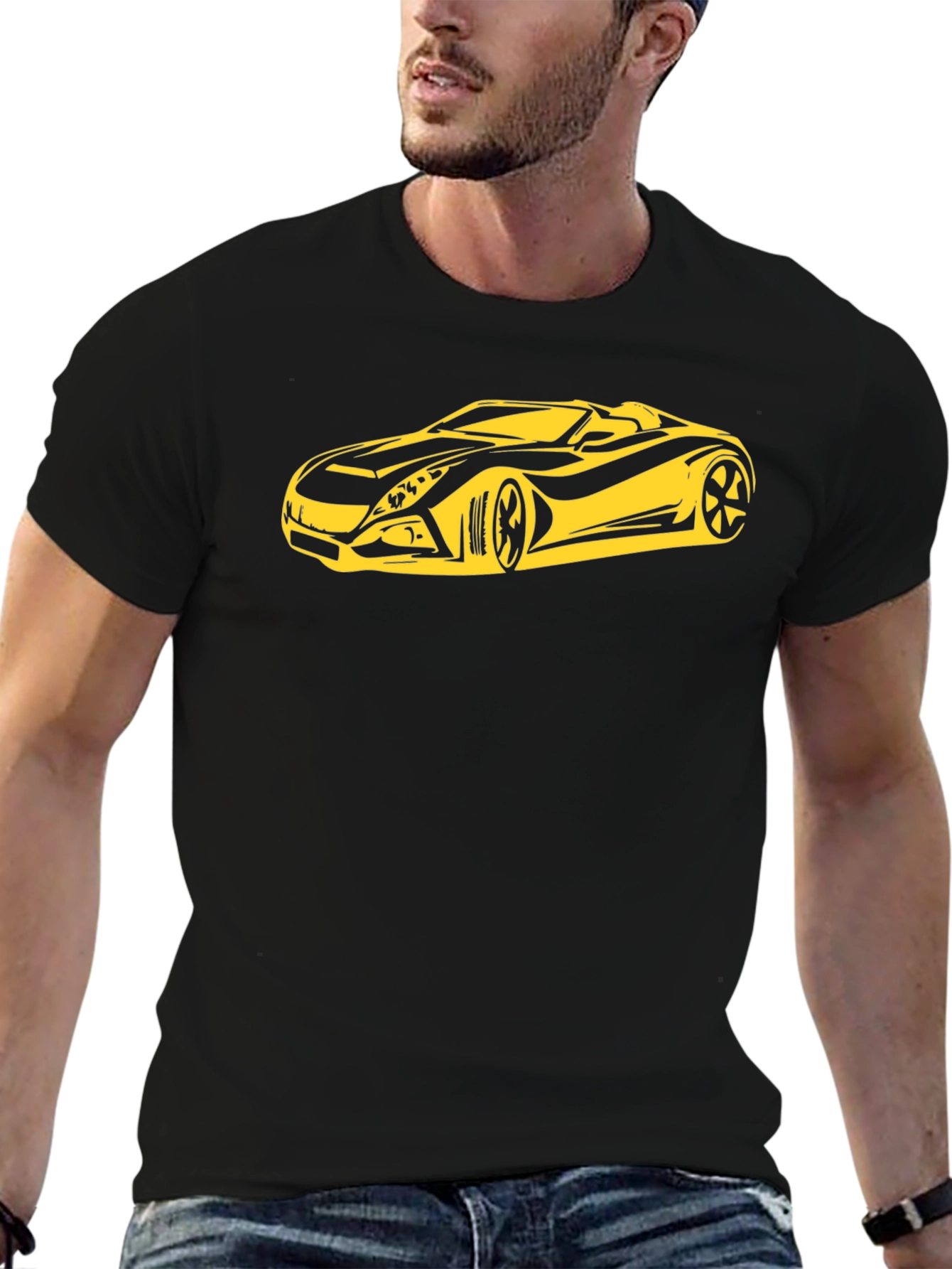 Stylish Black T-Shirt with Yellow Sports Car Graphic