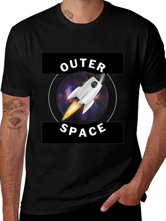 Outer Space Rocket Graphic Tee - Black Cotton T-Shirt
