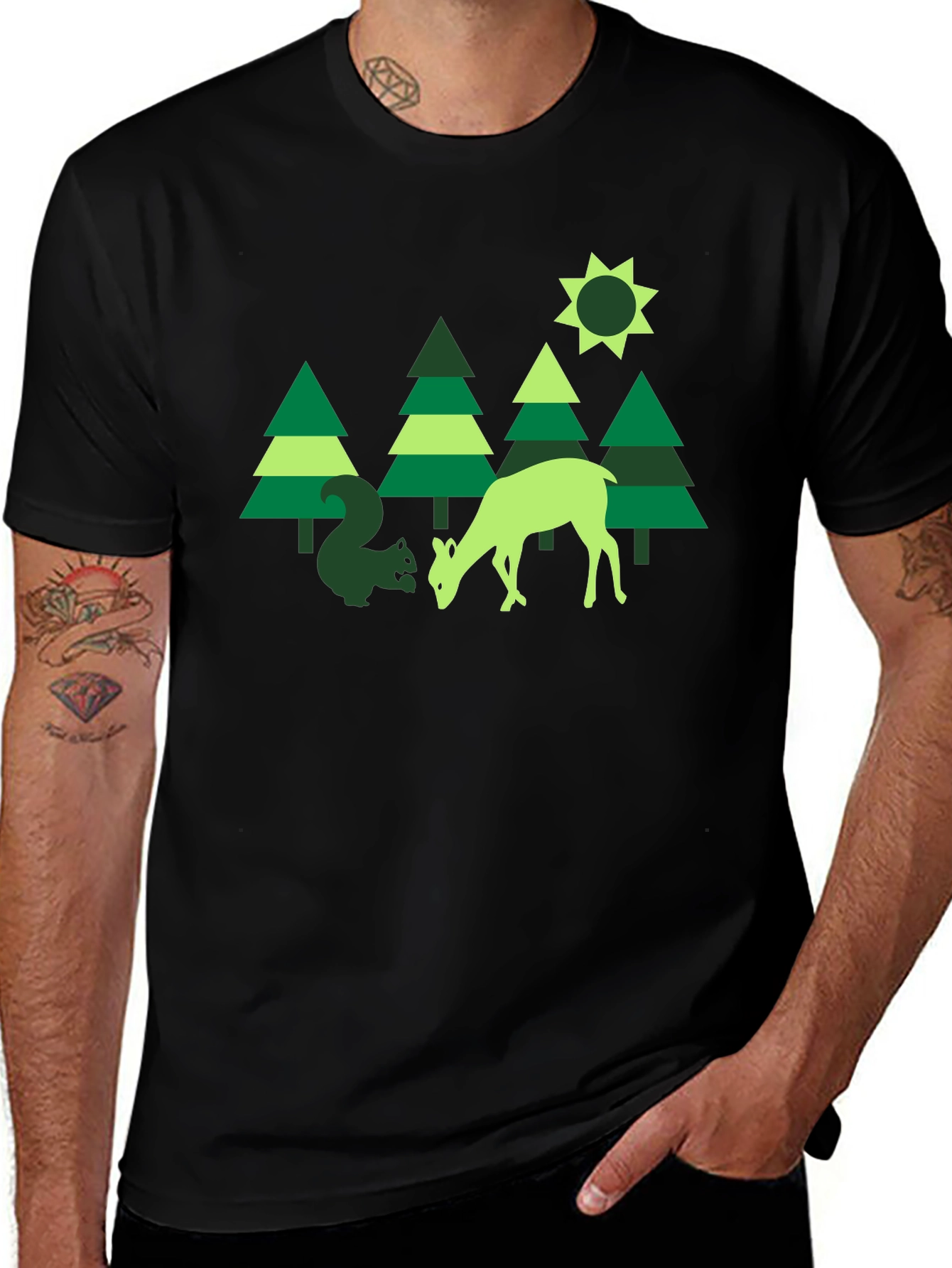 Nature Graphic Tee: Deer & Squirrel Forest Print
