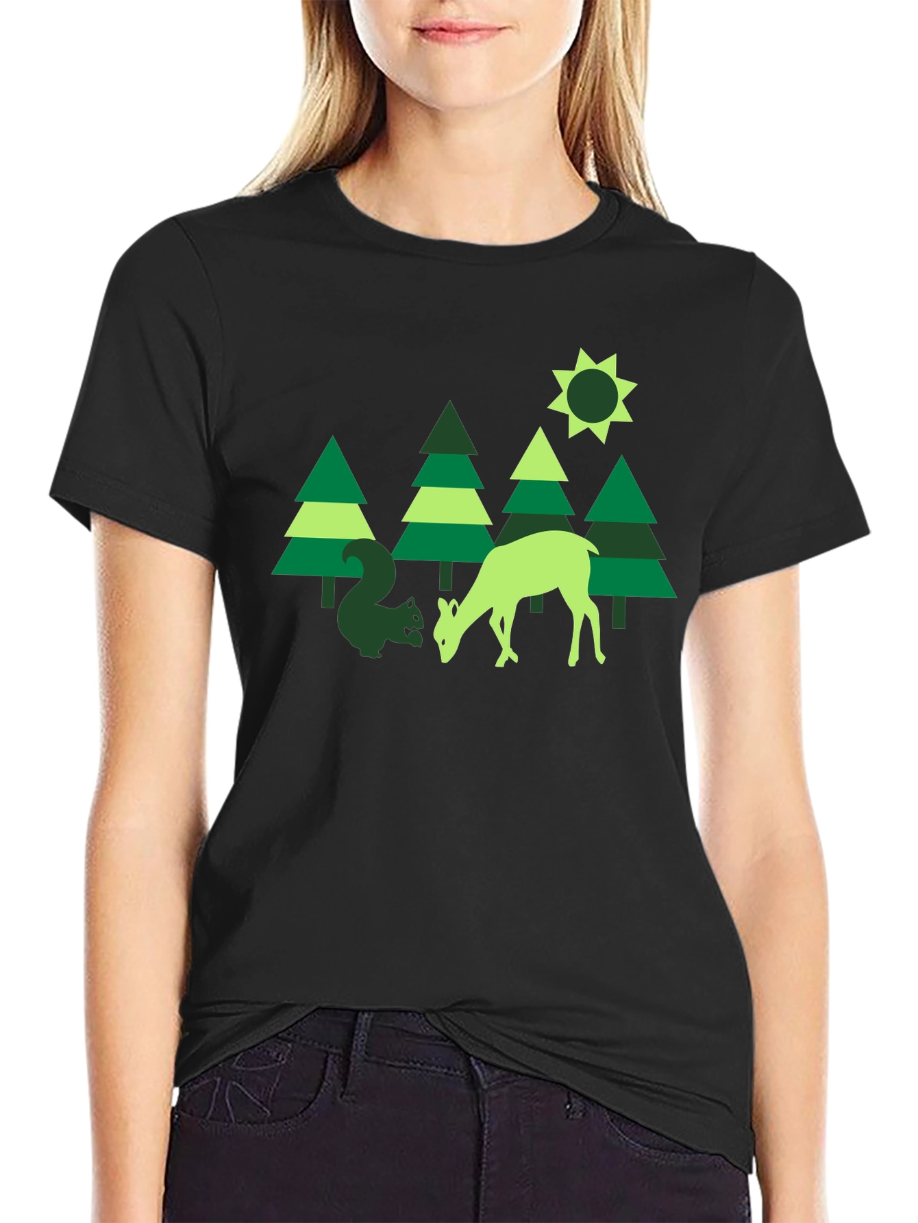 Nature Graphic Tee: Deer & Squirrel Forest Print