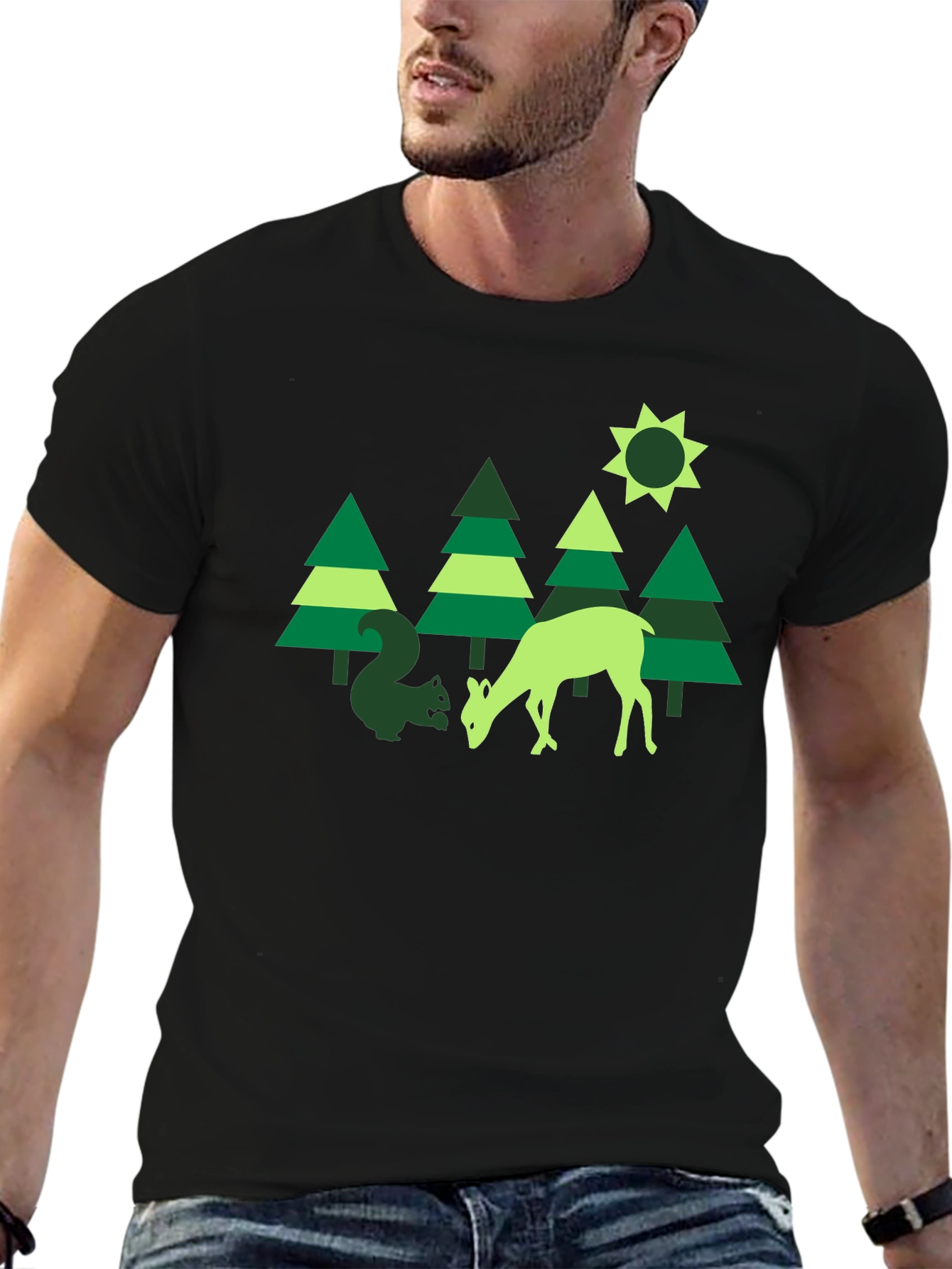 Nature Graphic Tee: Deer & Squirrel Forest Print