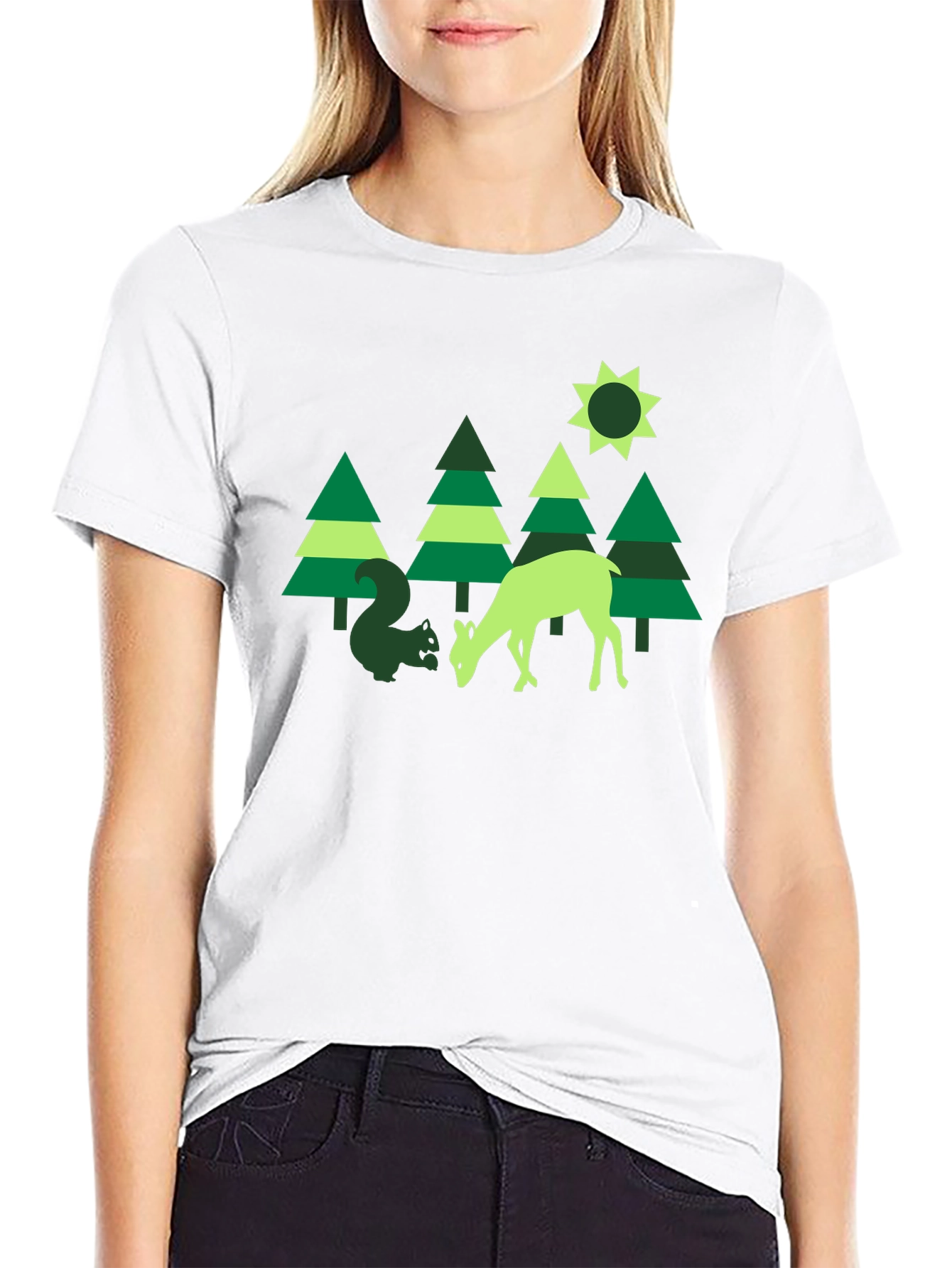 Nature Graphic Tee: Deer & Squirrel Forest Print