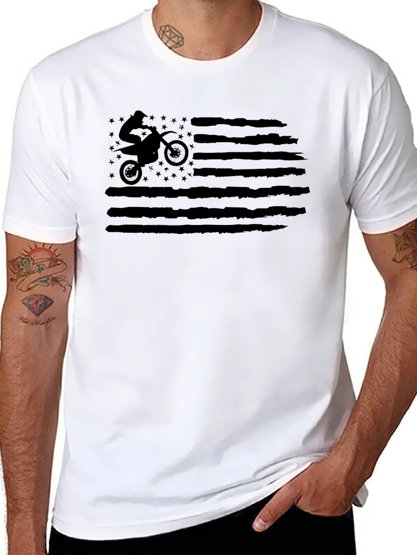 Motorcycle American Flag Graphic T-Shirt - Black