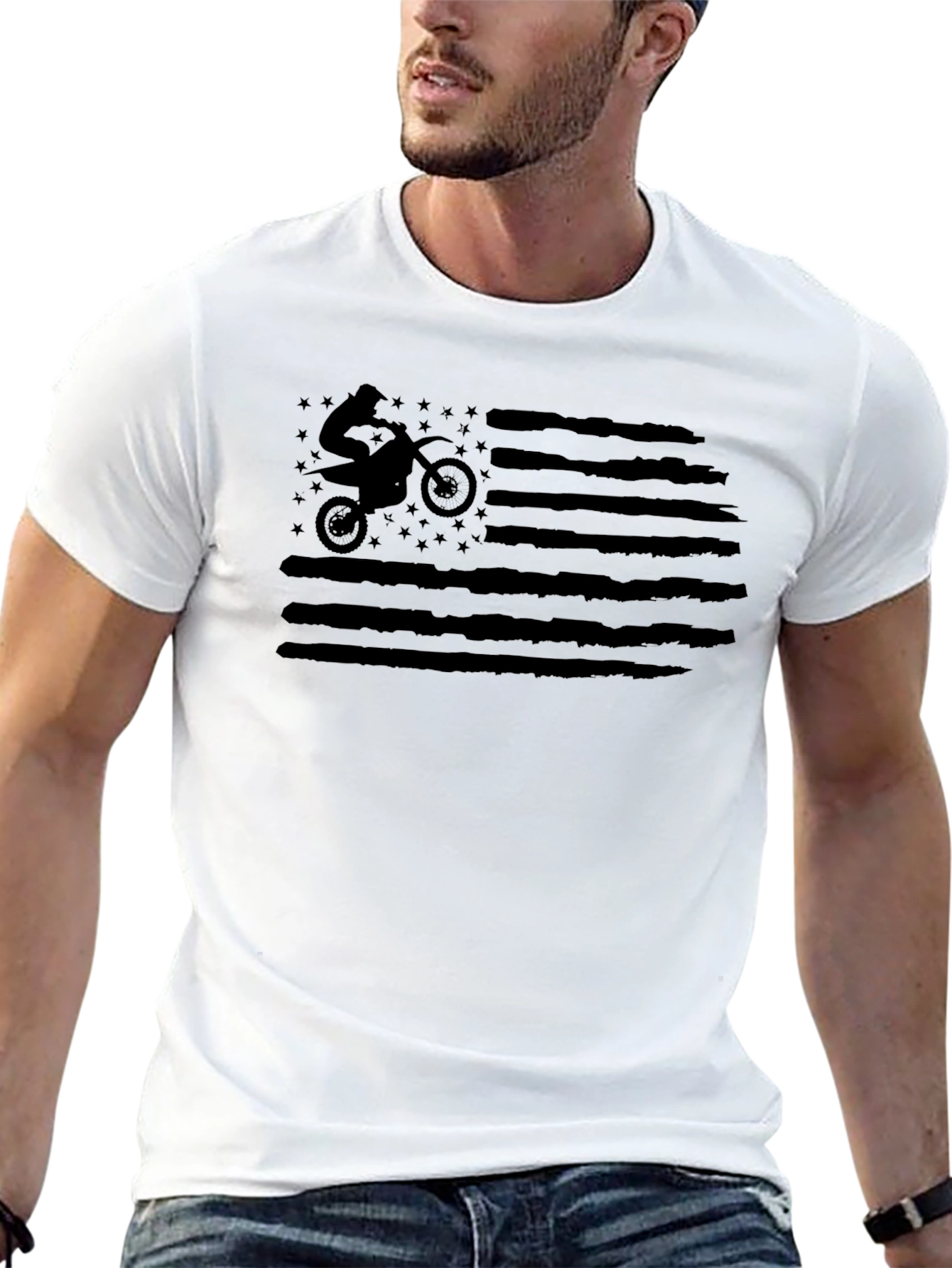 Motorcycle American Flag Graphic T-Shirt - Black