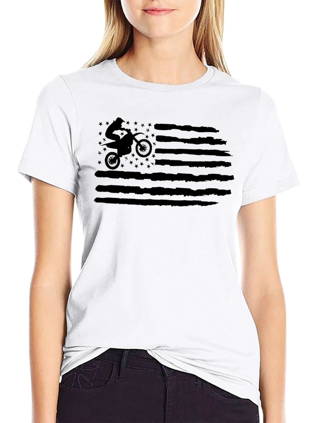 Motorcycle American Flag Graphic T-Shirt - Black