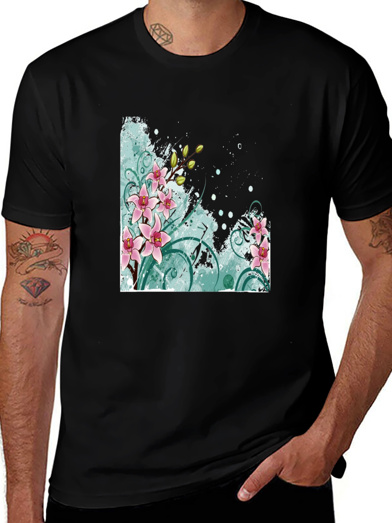 Floral Orchid Graphic Black T-Shirt