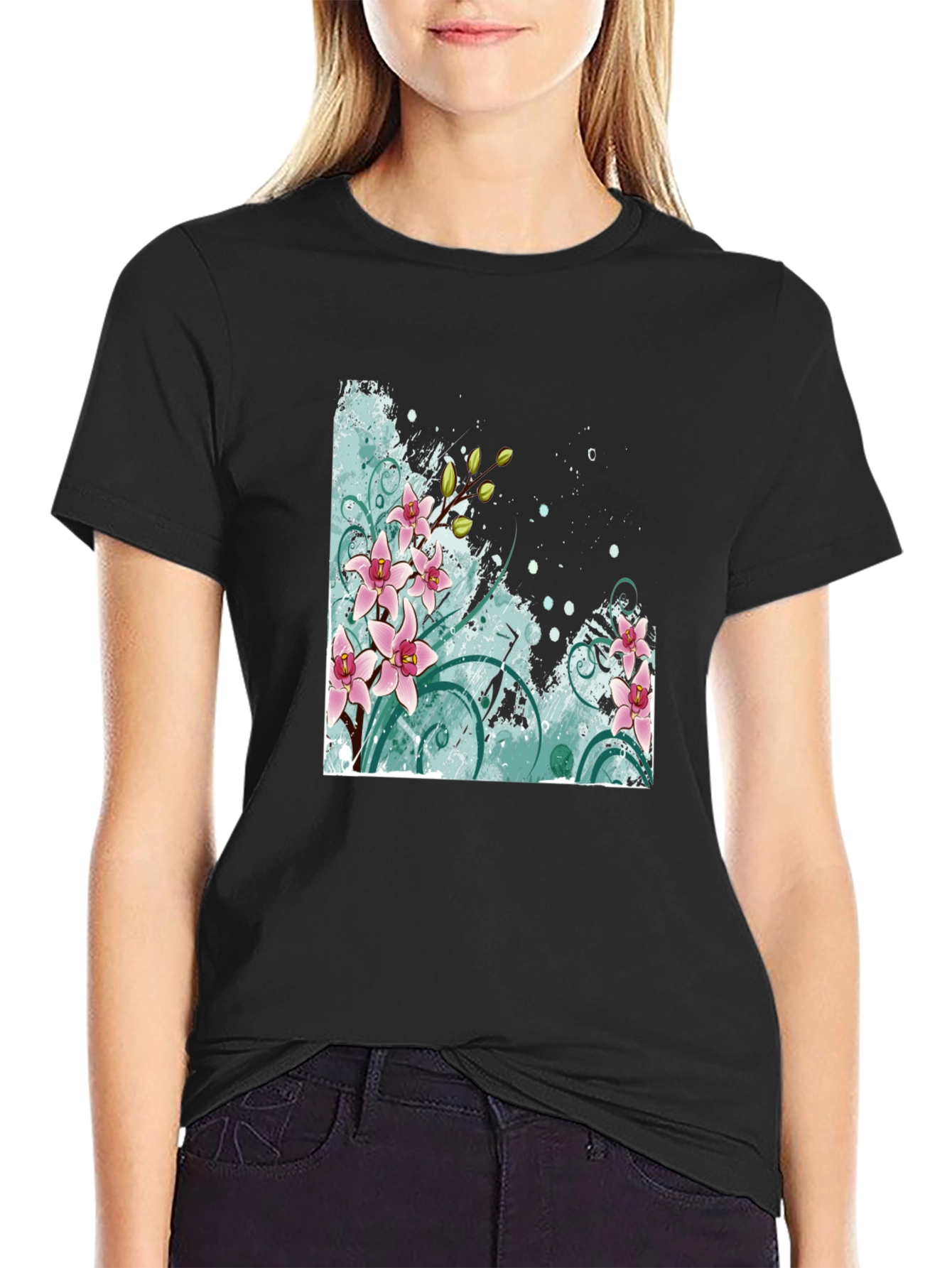 Floral Orchid Graphic Black T-Shirt