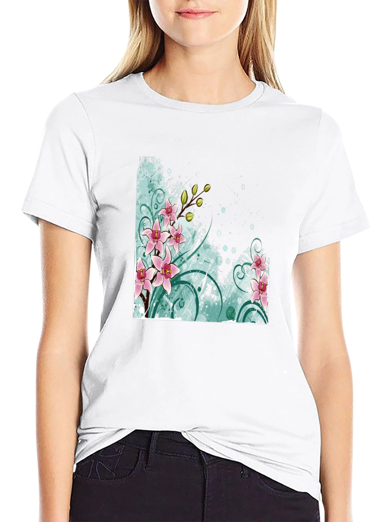 Floral Orchid Graphic Black T-Shirt