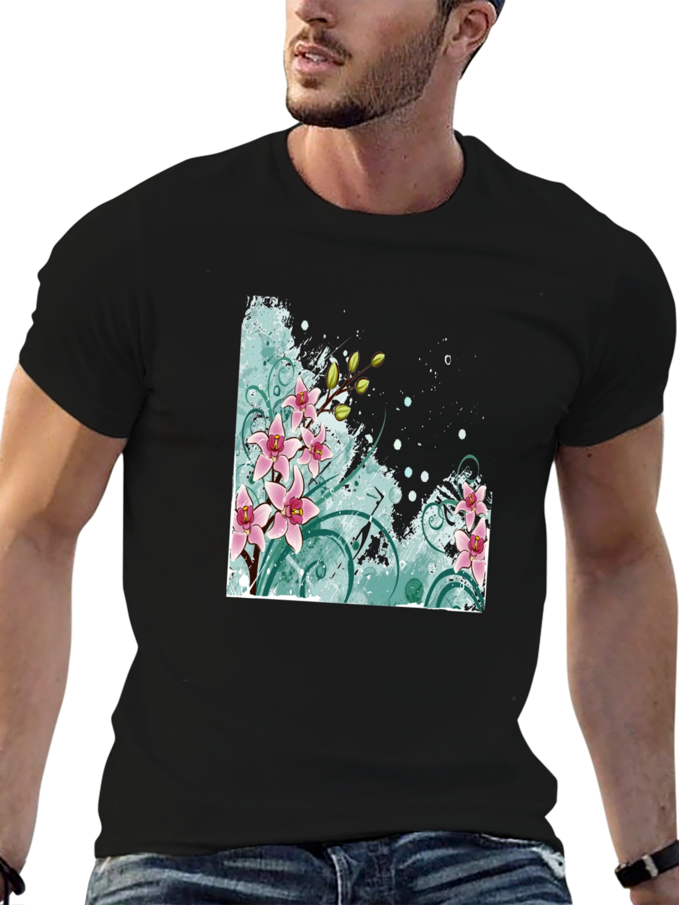 Floral Orchid Graphic Black T-Shirt