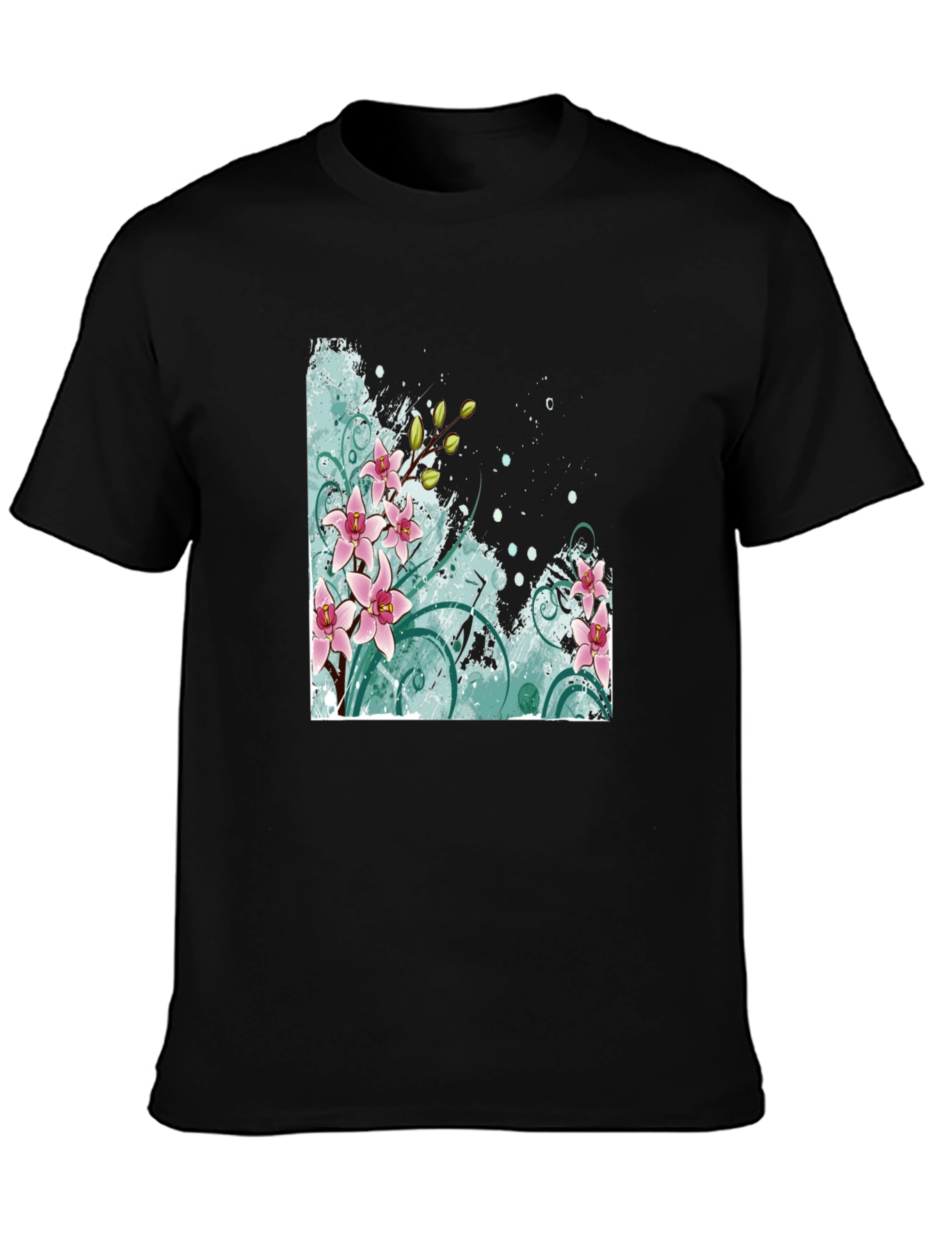 Floral Orchid Graphic Black T-Shirt