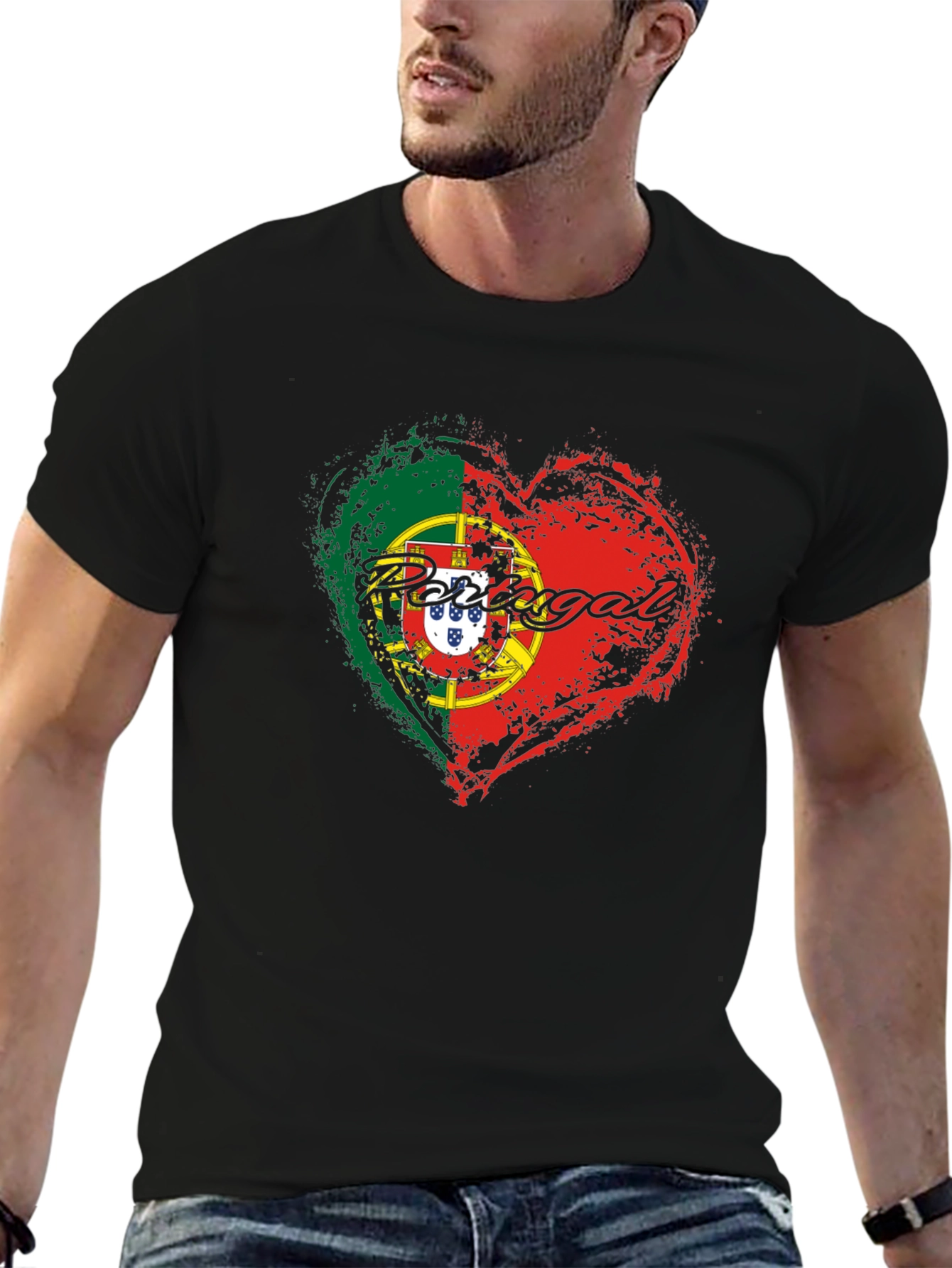 Portugal Flag Heart T-Shirt Black Graphic Tee