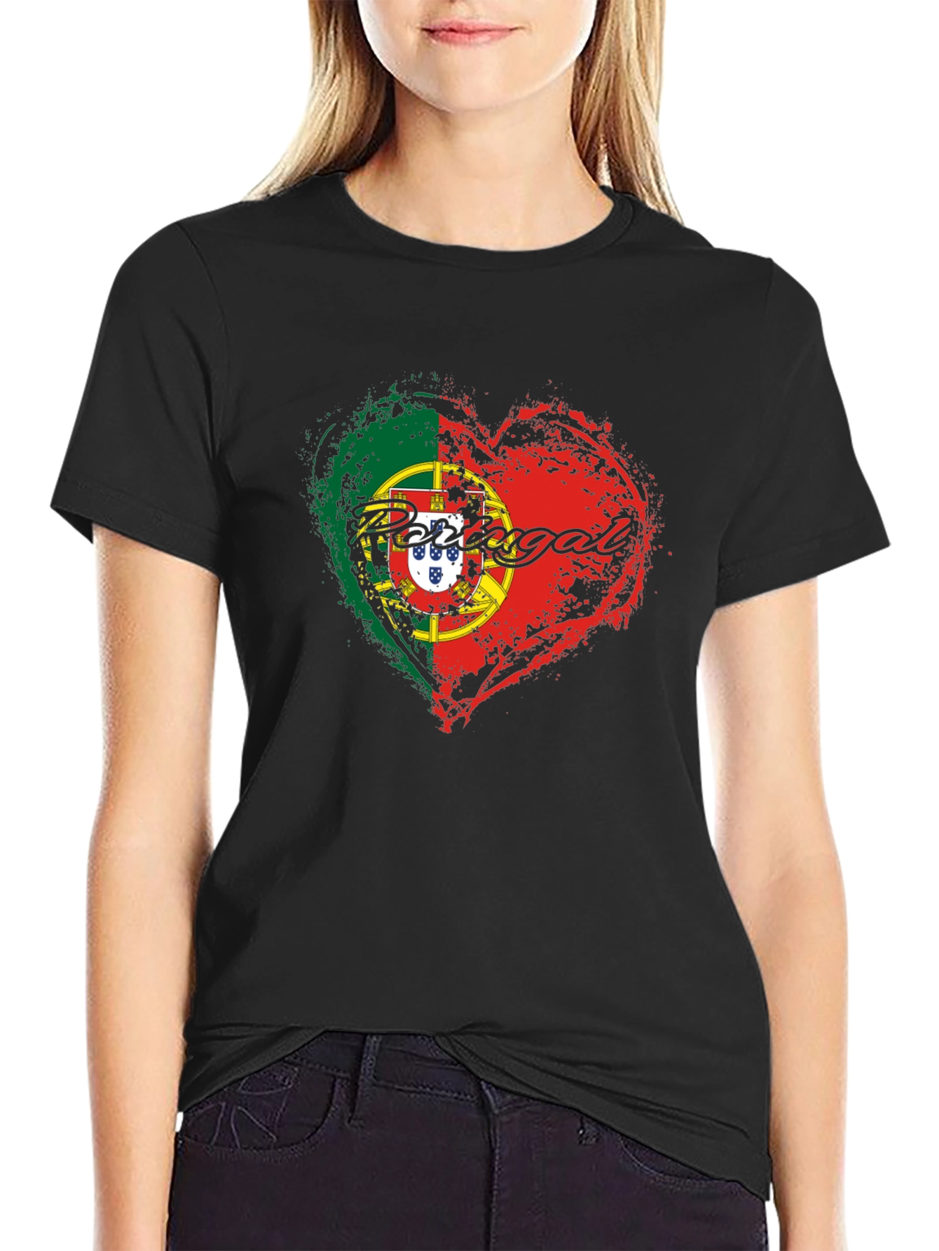 Portugal Flag Heart T-Shirt Black Graphic Tee