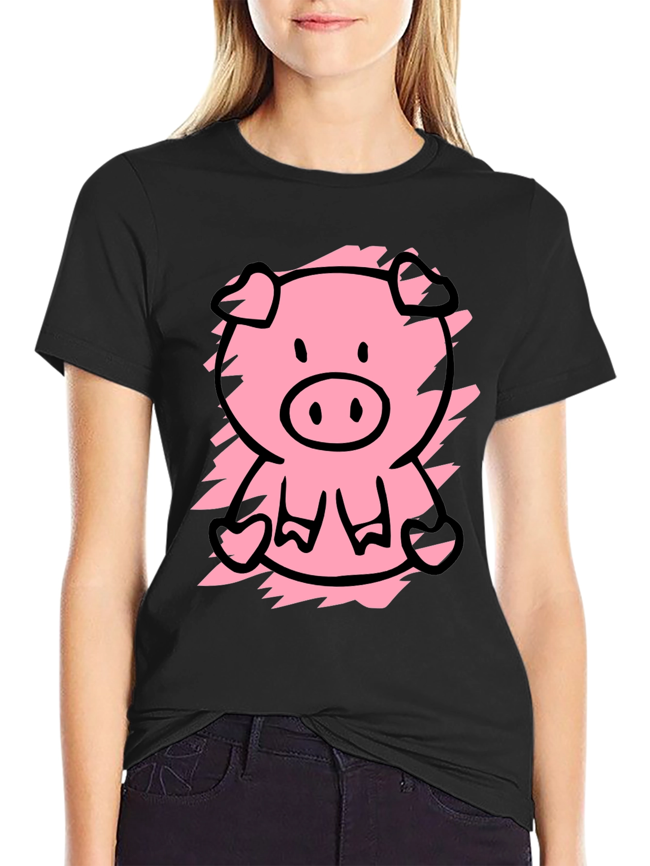 Cute Pig Graphic Tee - Black Cotton T-Shirt