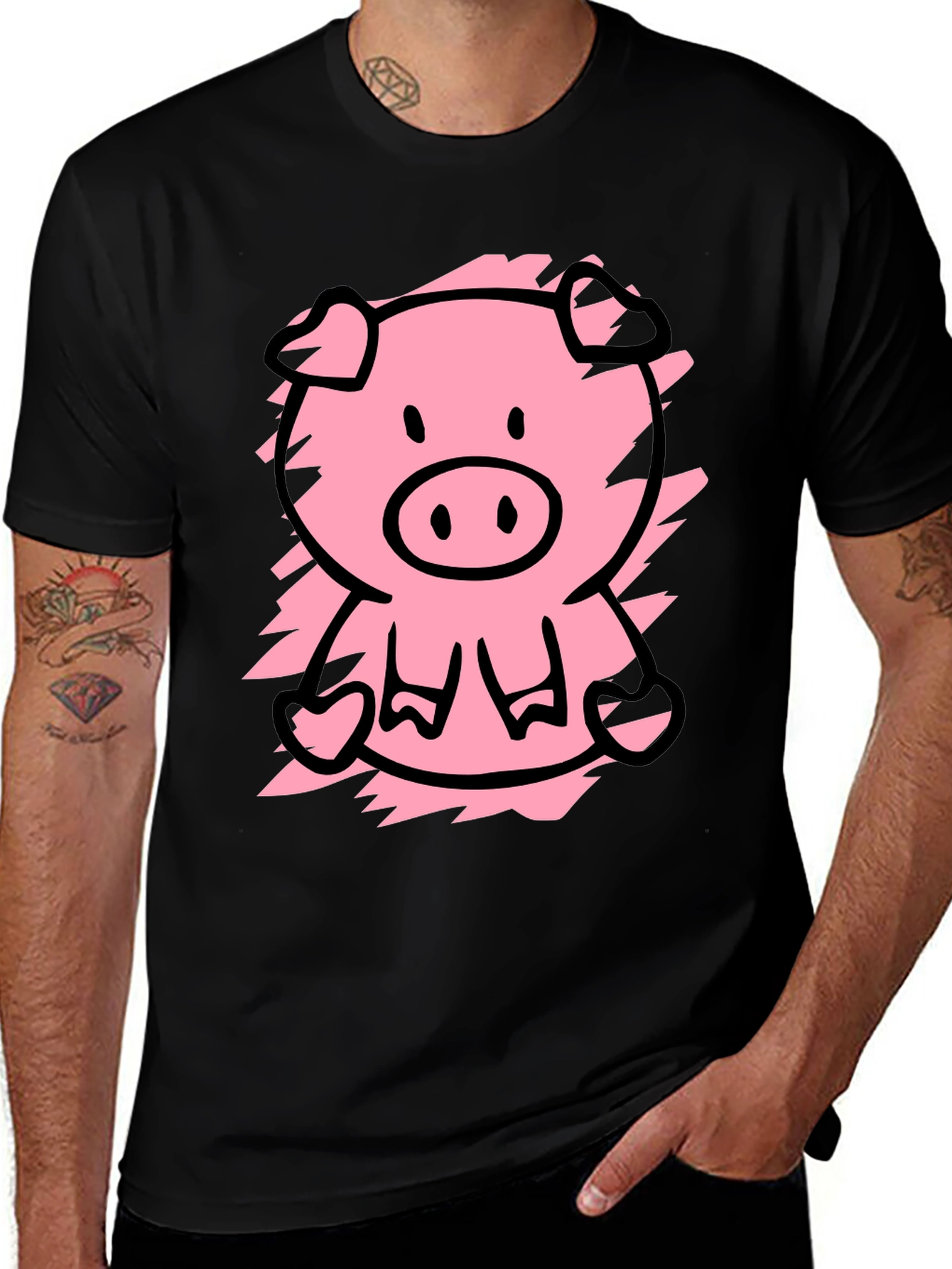 Cute Pig Graphic Tee - Black Cotton T-Shirt