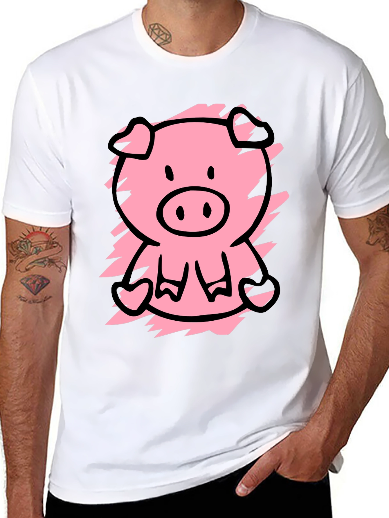 Cute Pig Graphic Tee - Black Cotton T-Shirt