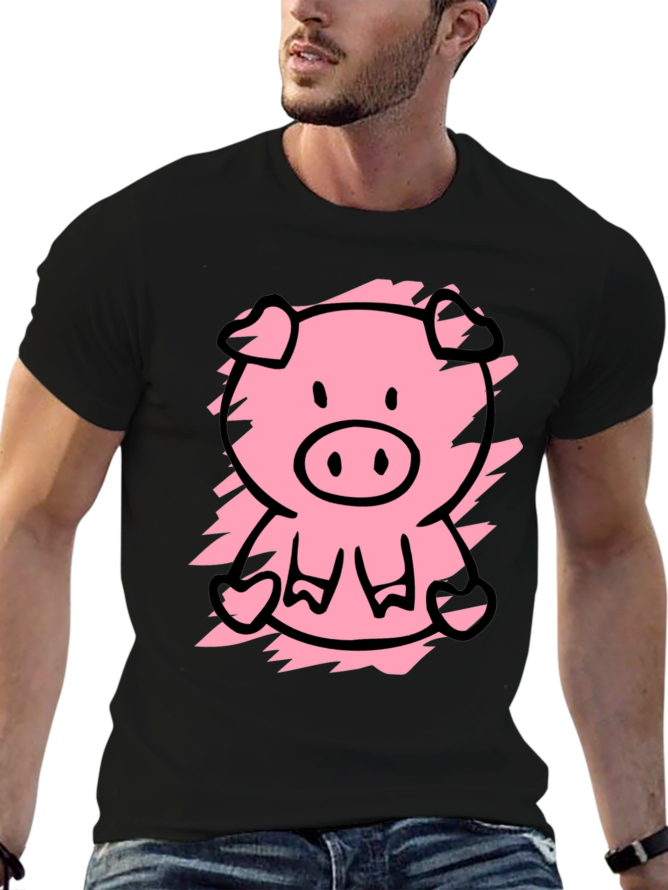 Cute Pig Graphic Tee - Black Cotton T-Shirt