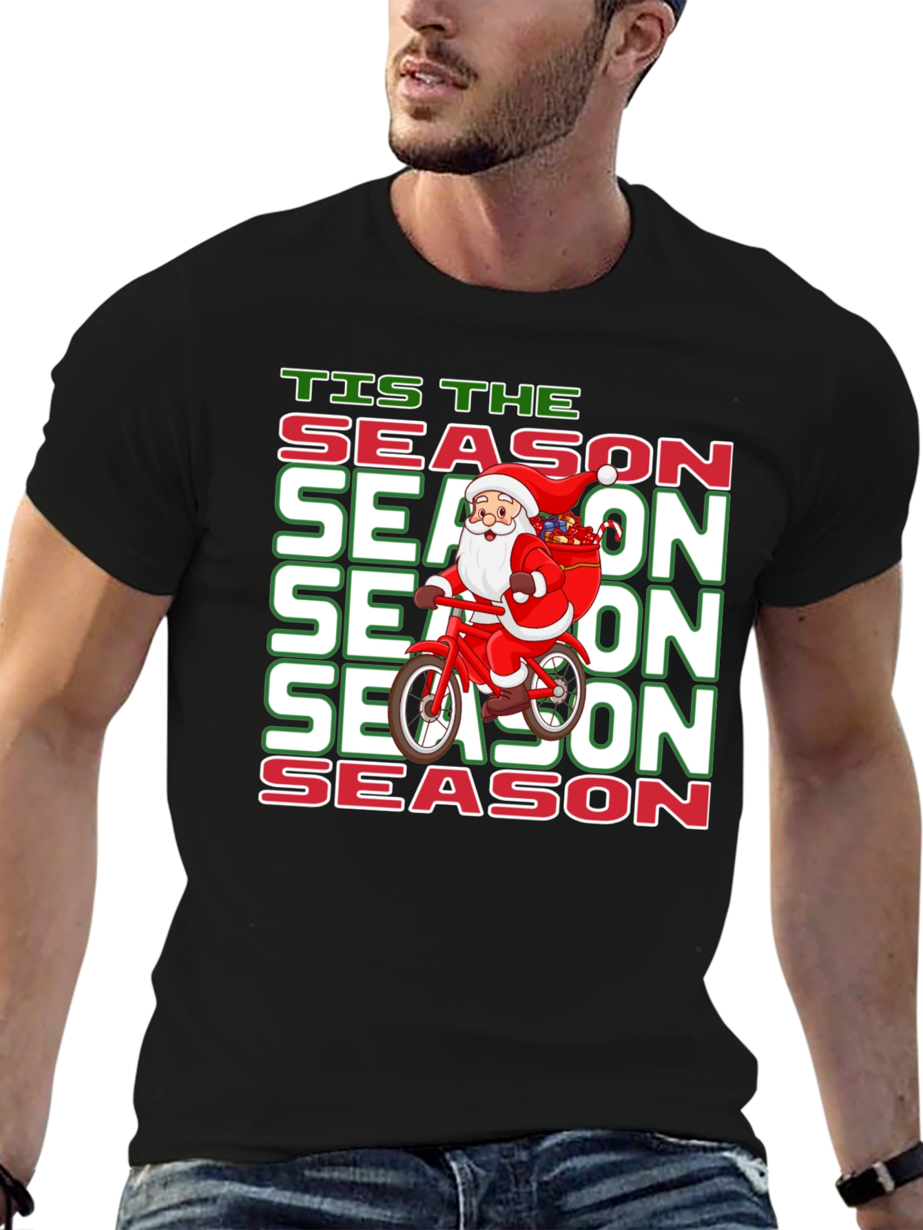 Tis the Season Santa on Bike Christmas Graphic Tee