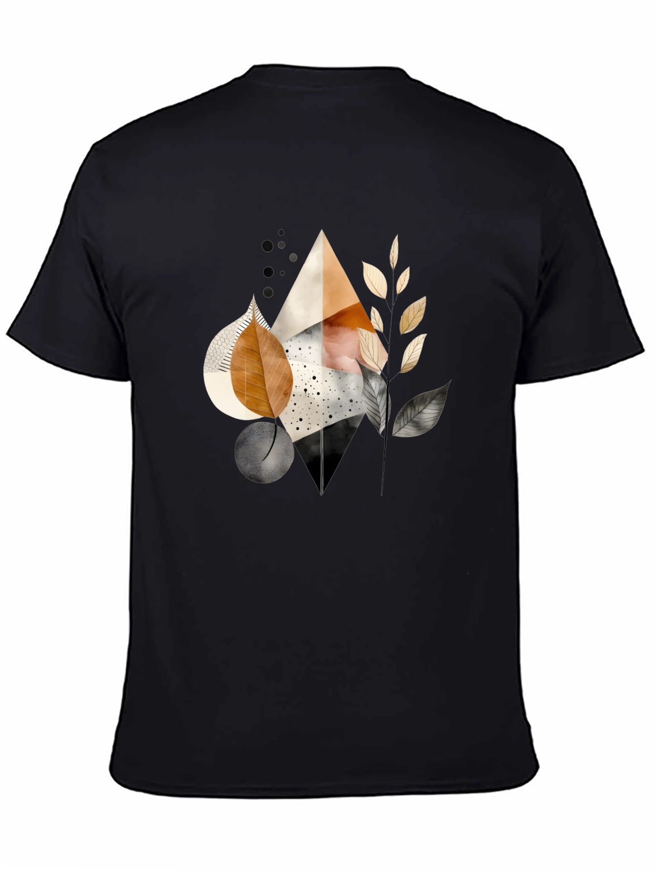 Abstract Geometric Leaf Print Black Tee