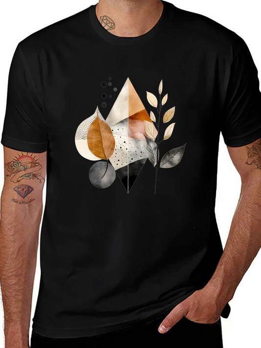 Abstract Geometric Leaf Print Black Tee