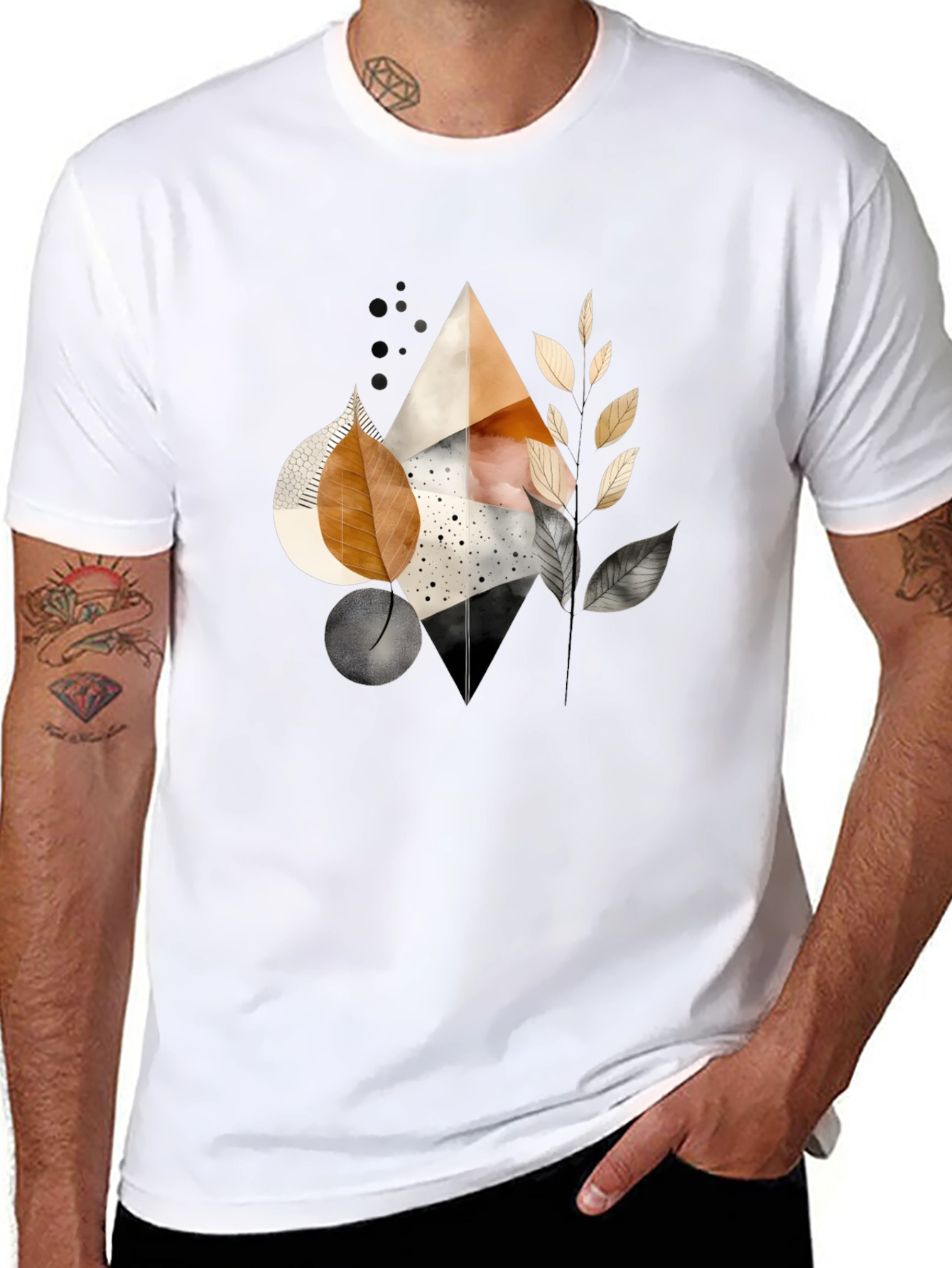 Abstract Geometric Leaf Print Black Tee