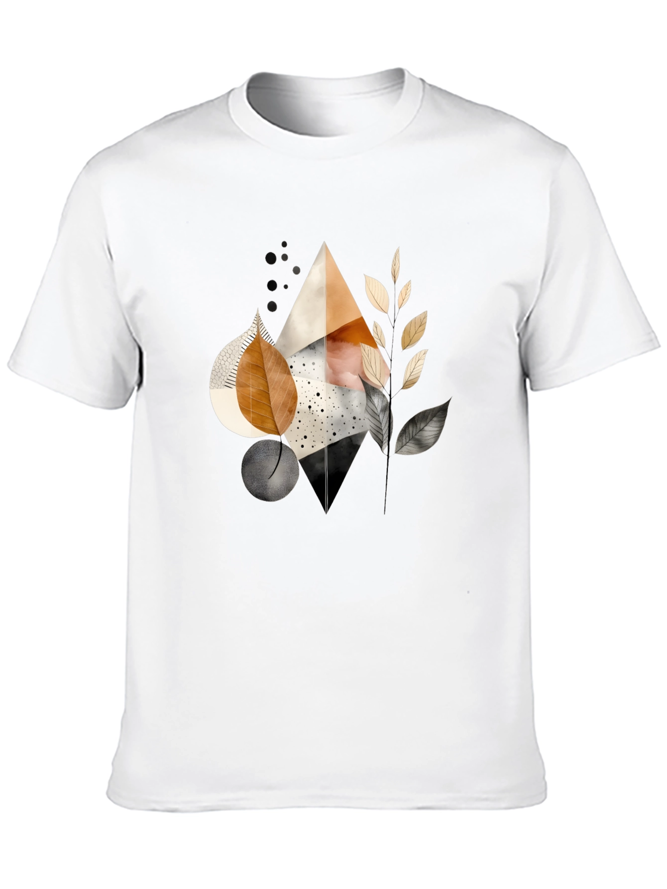 Abstract Geometric Leaf Print Black Tee