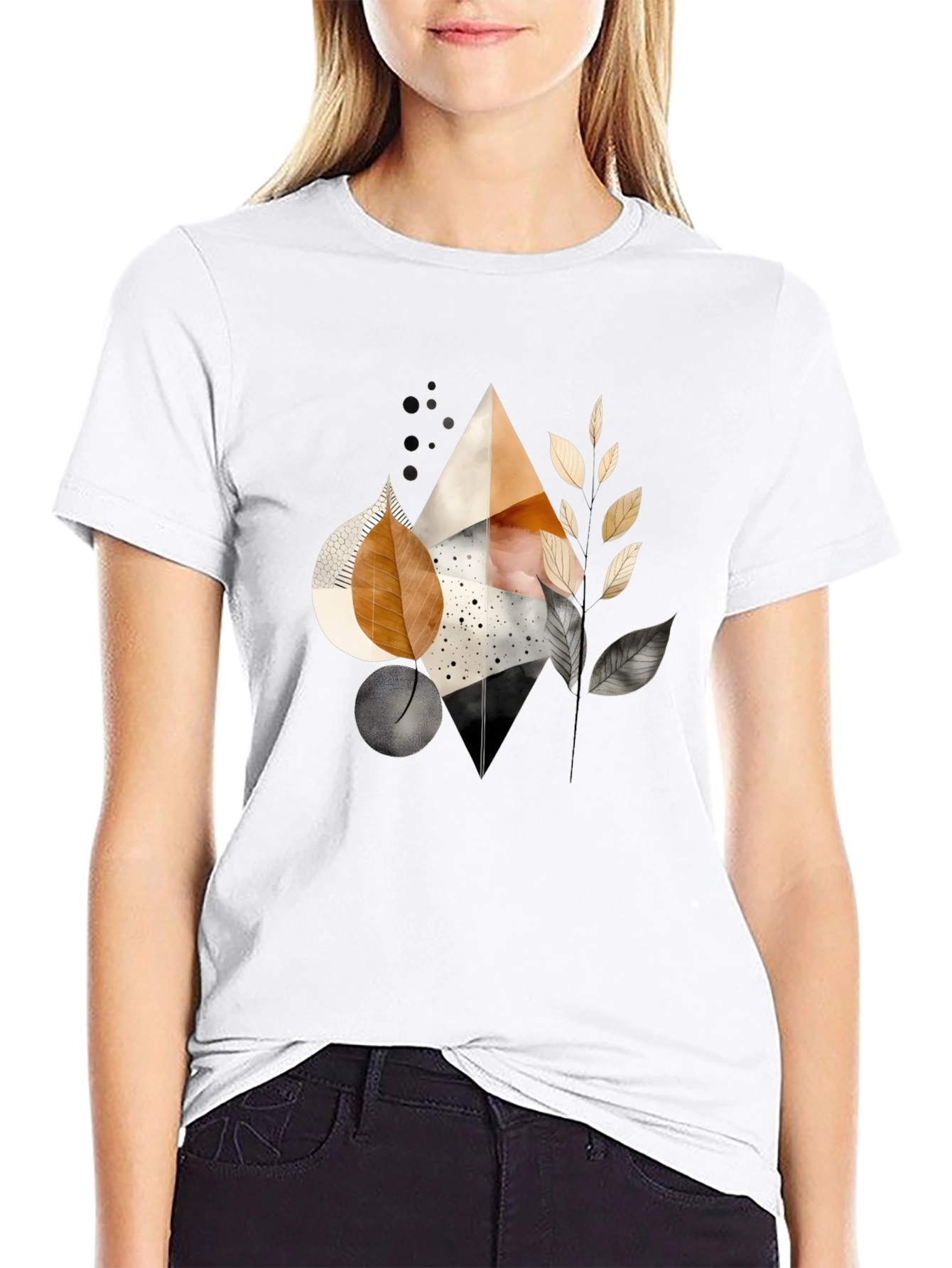 Abstract Geometric Leaf Print Black Tee
