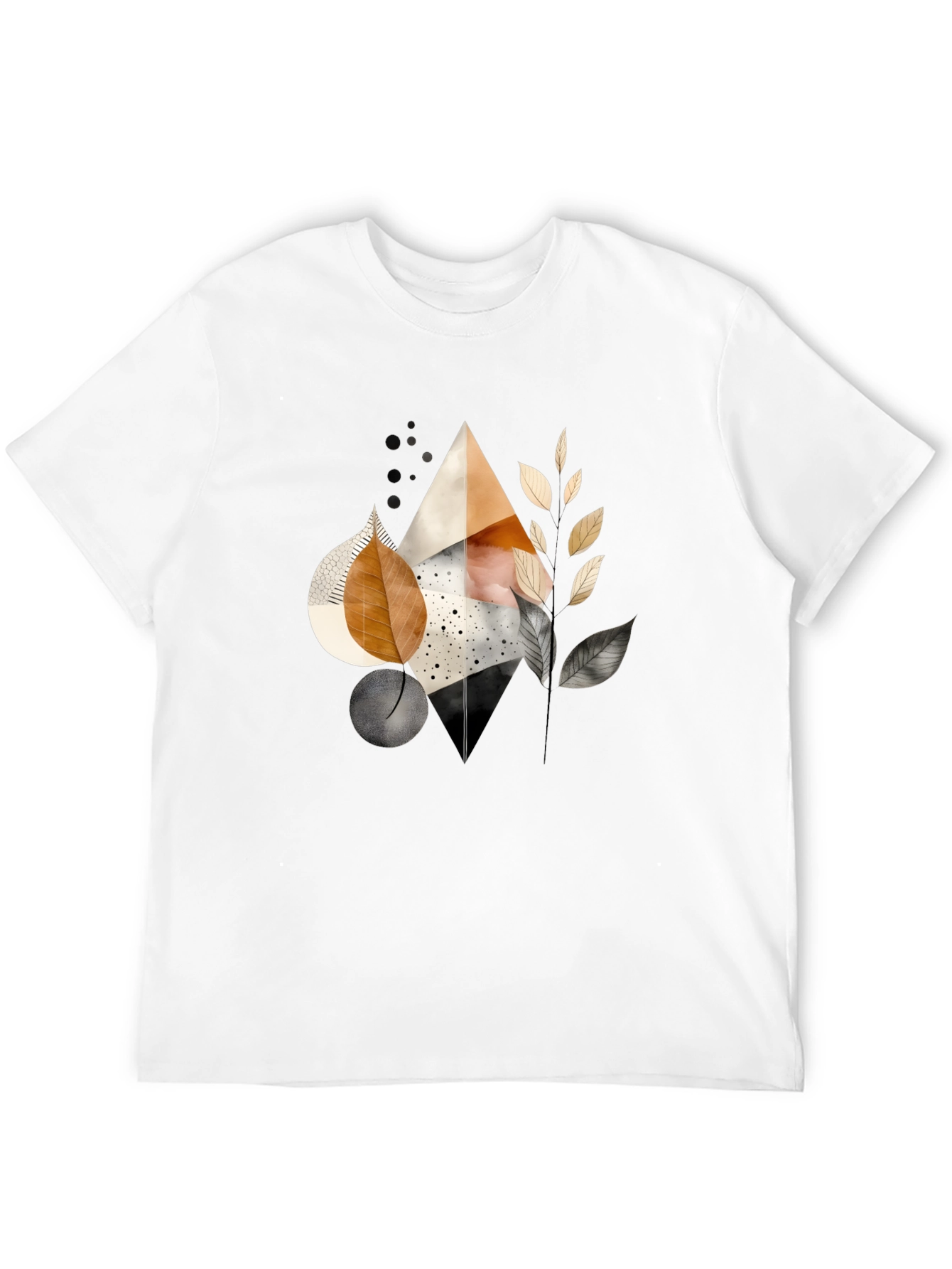 Abstract Geometric Leaf Print Black Tee