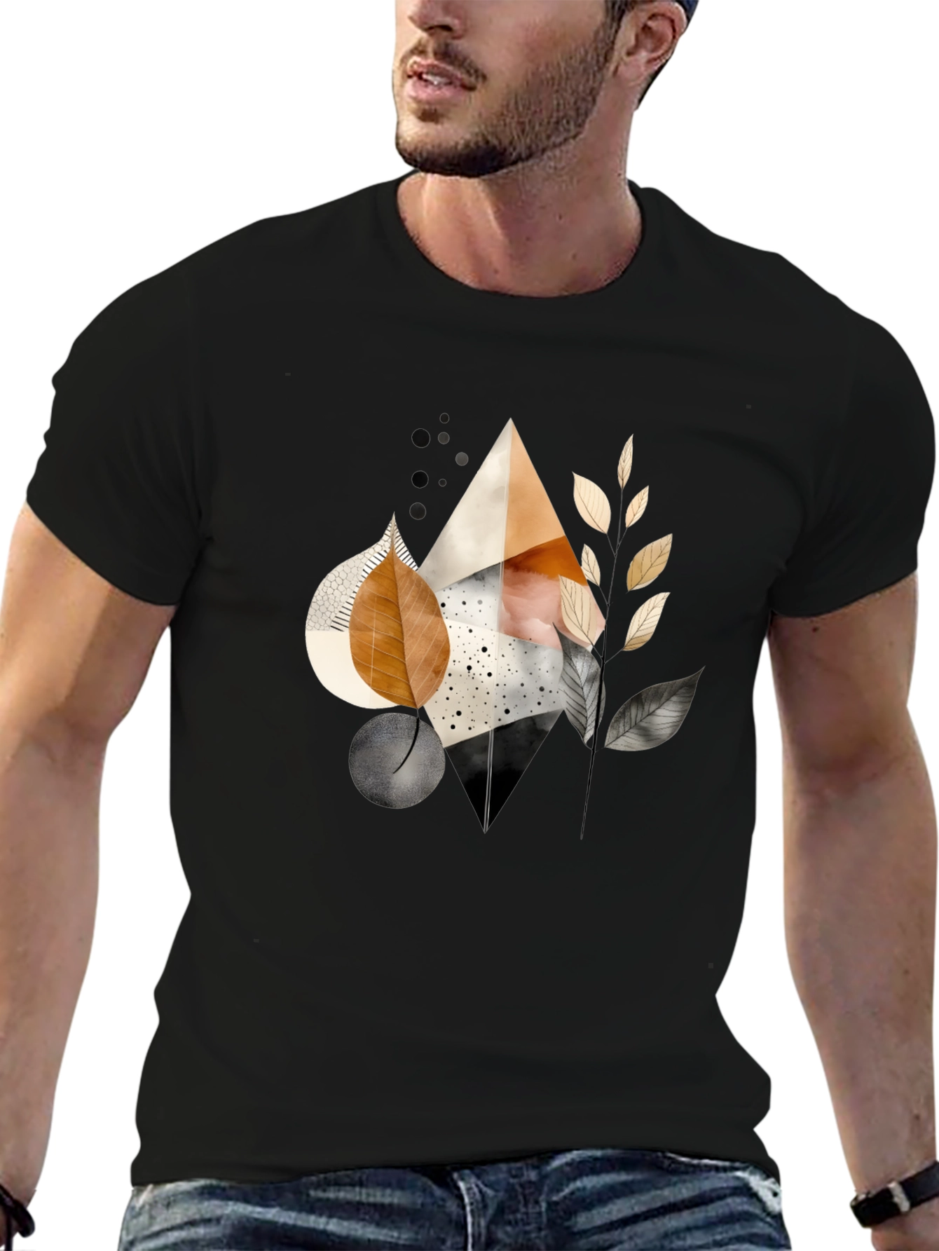 Abstract Geometric Leaf Print Black Tee