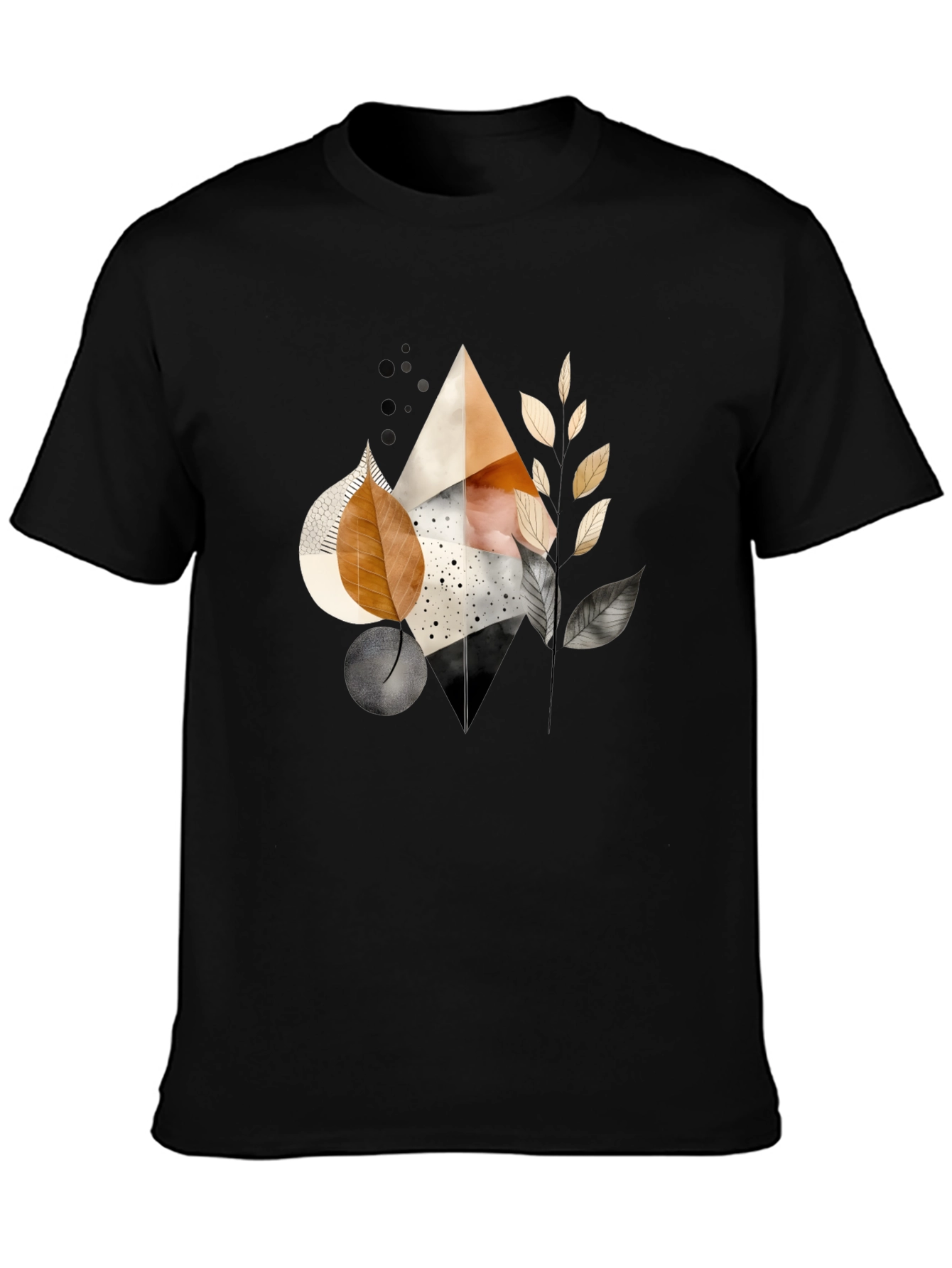 Abstract Geometric Leaf Print Black Tee