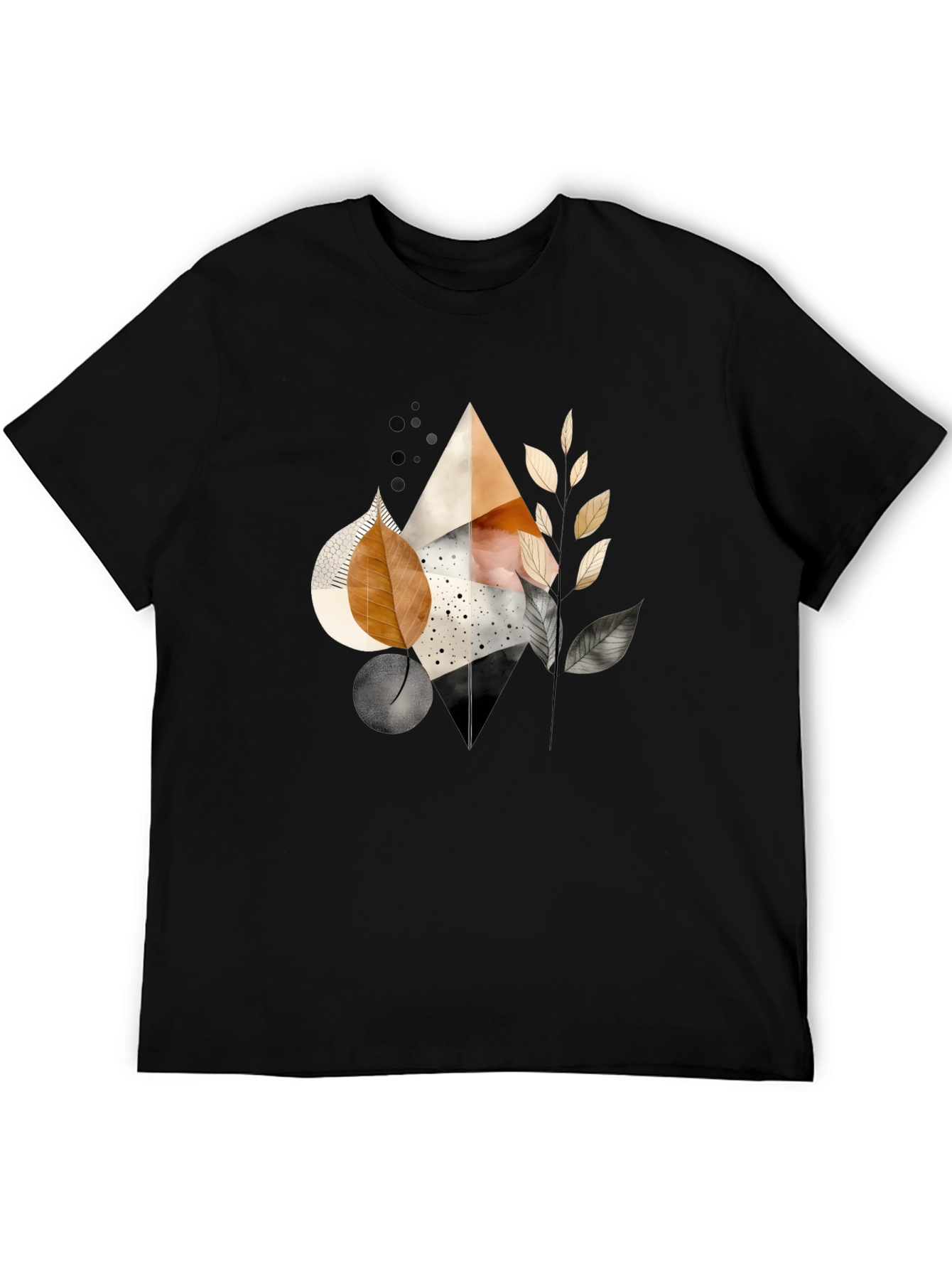 Abstract Geometric Leaf Print Black Tee