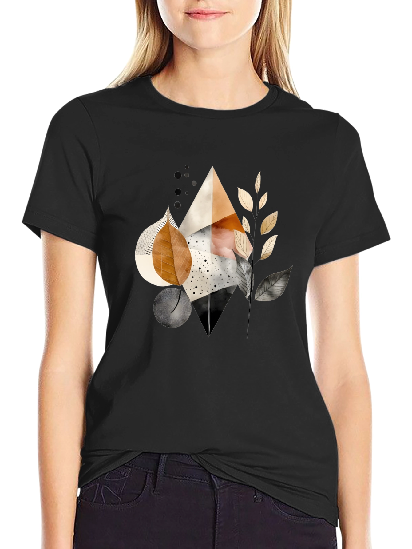 Abstract Geometric Leaf Print Black Tee
