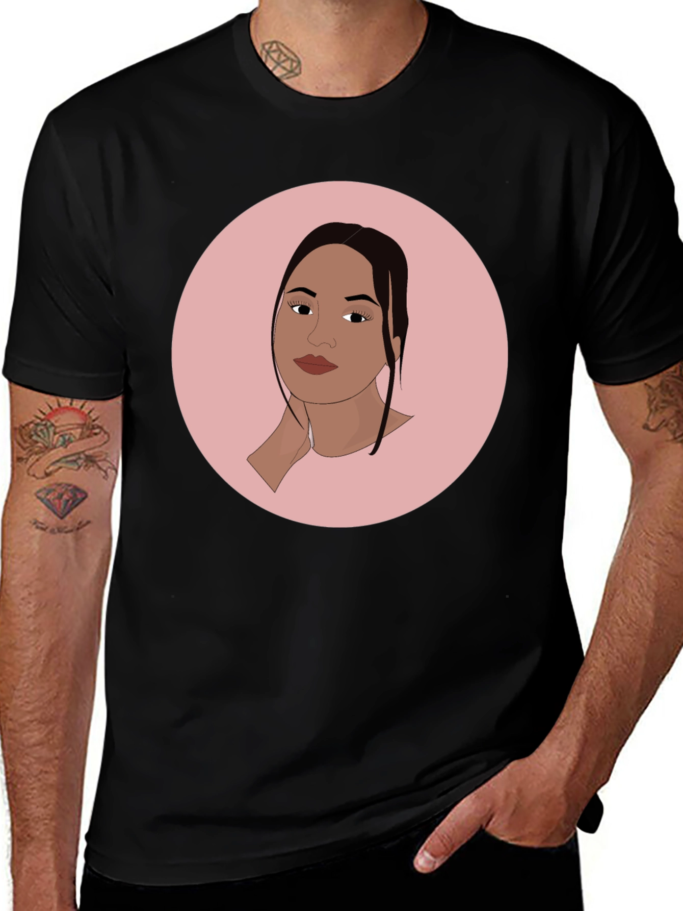 Trendy Black T-Shirt with Woman Portrait Graphic