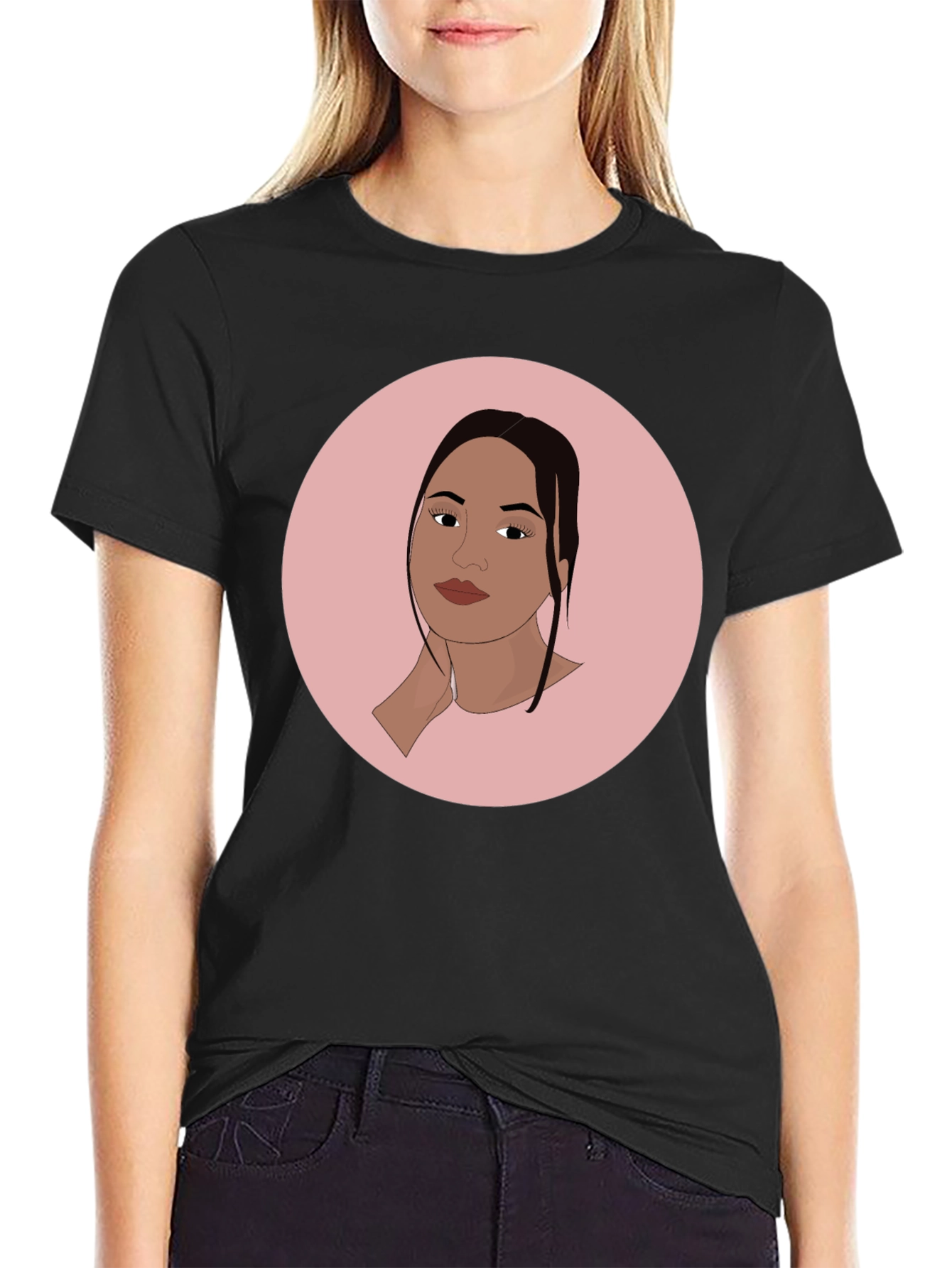 Trendy Black T-Shirt with Woman Portrait Graphic