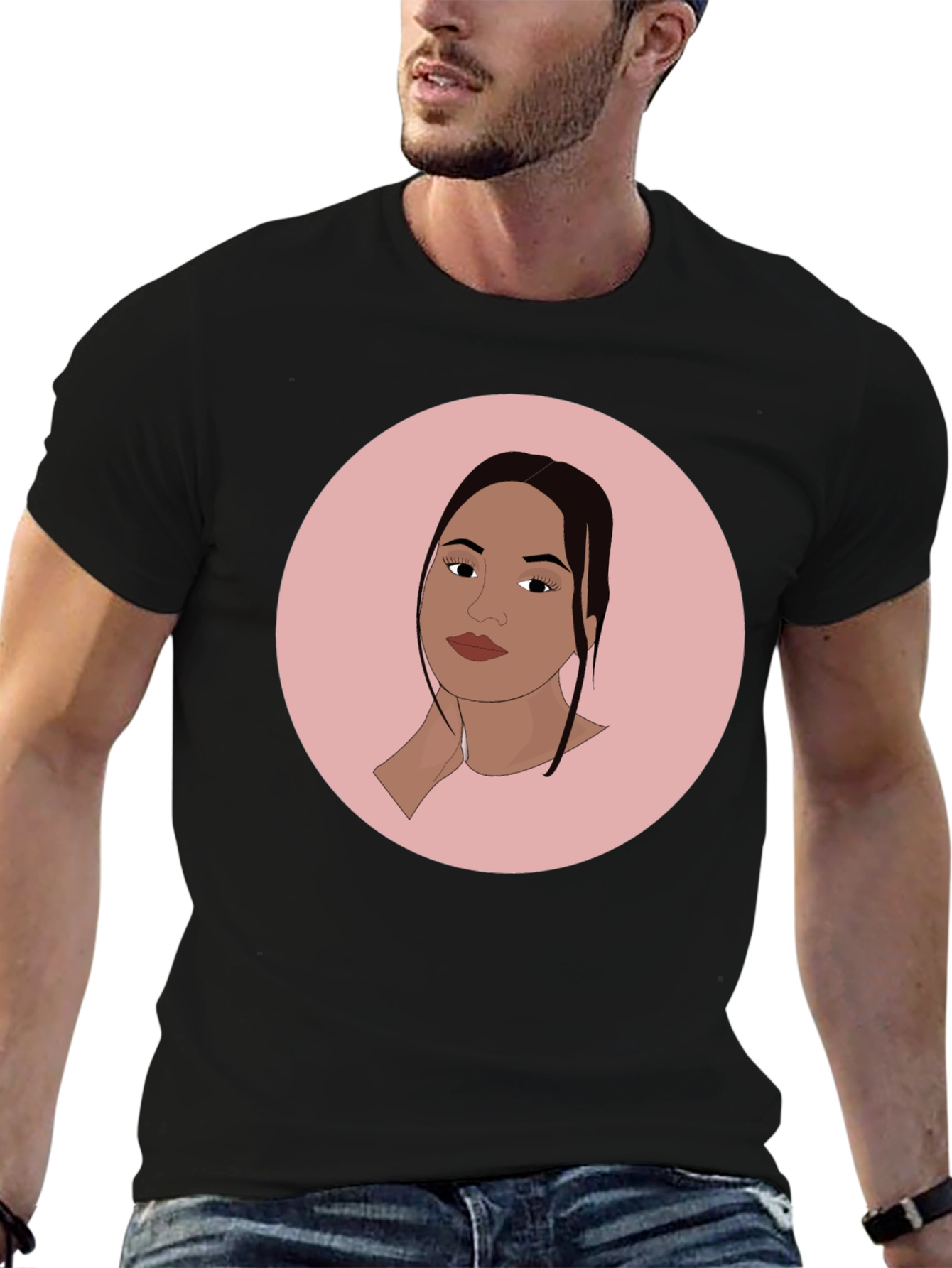 Trendy Black T-Shirt with Woman Portrait Graphic