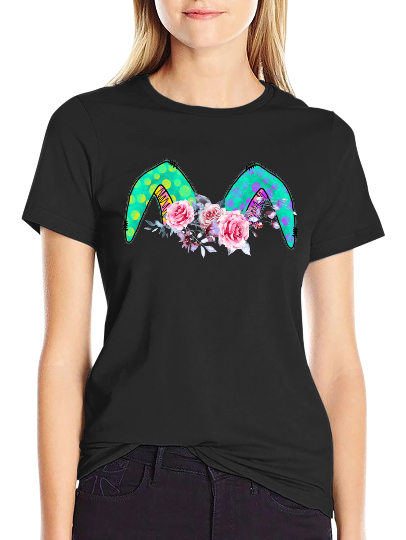 Floral Bunny Ears Black Tee