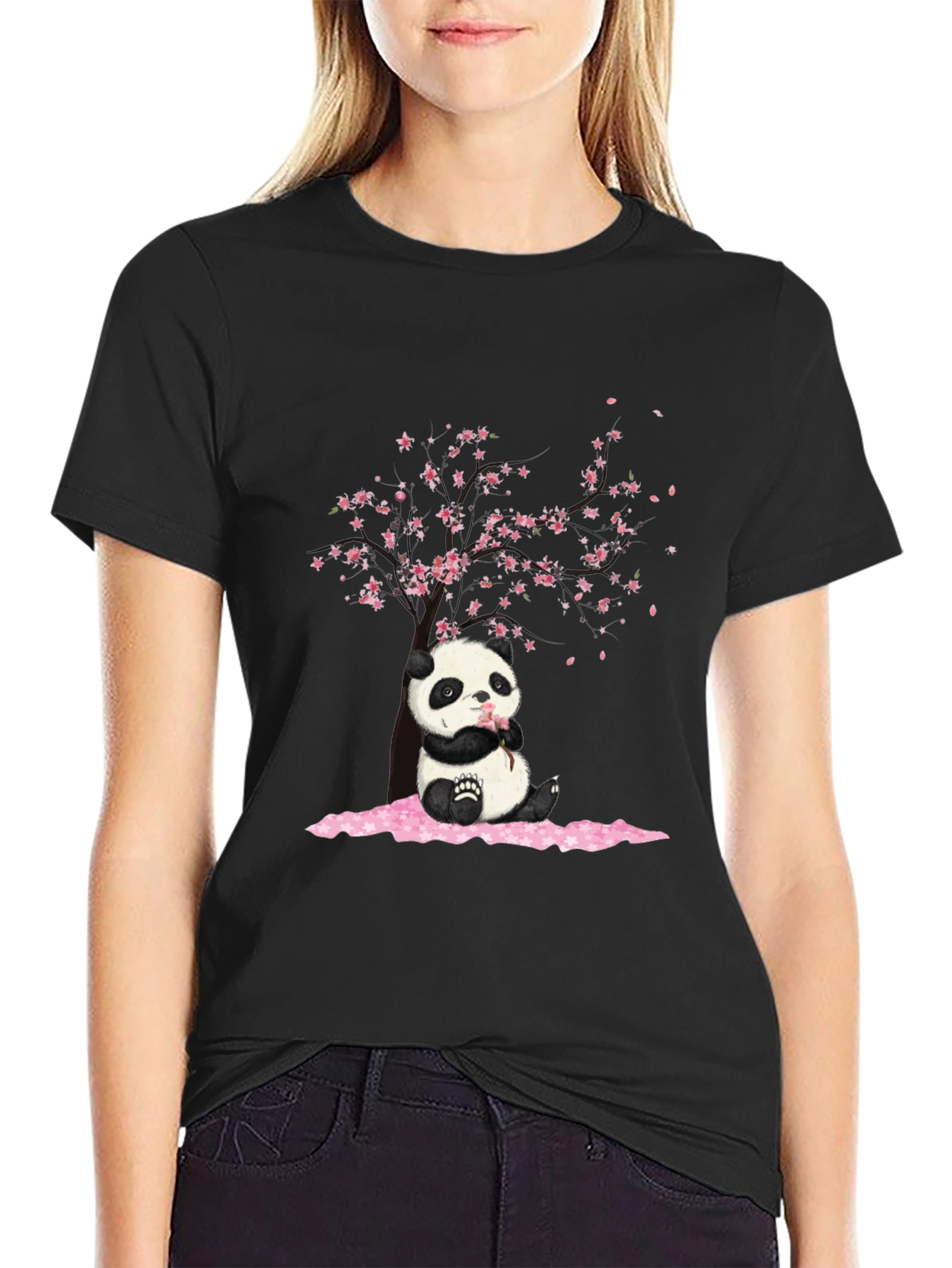 Panda Sakura Black T-Shirt