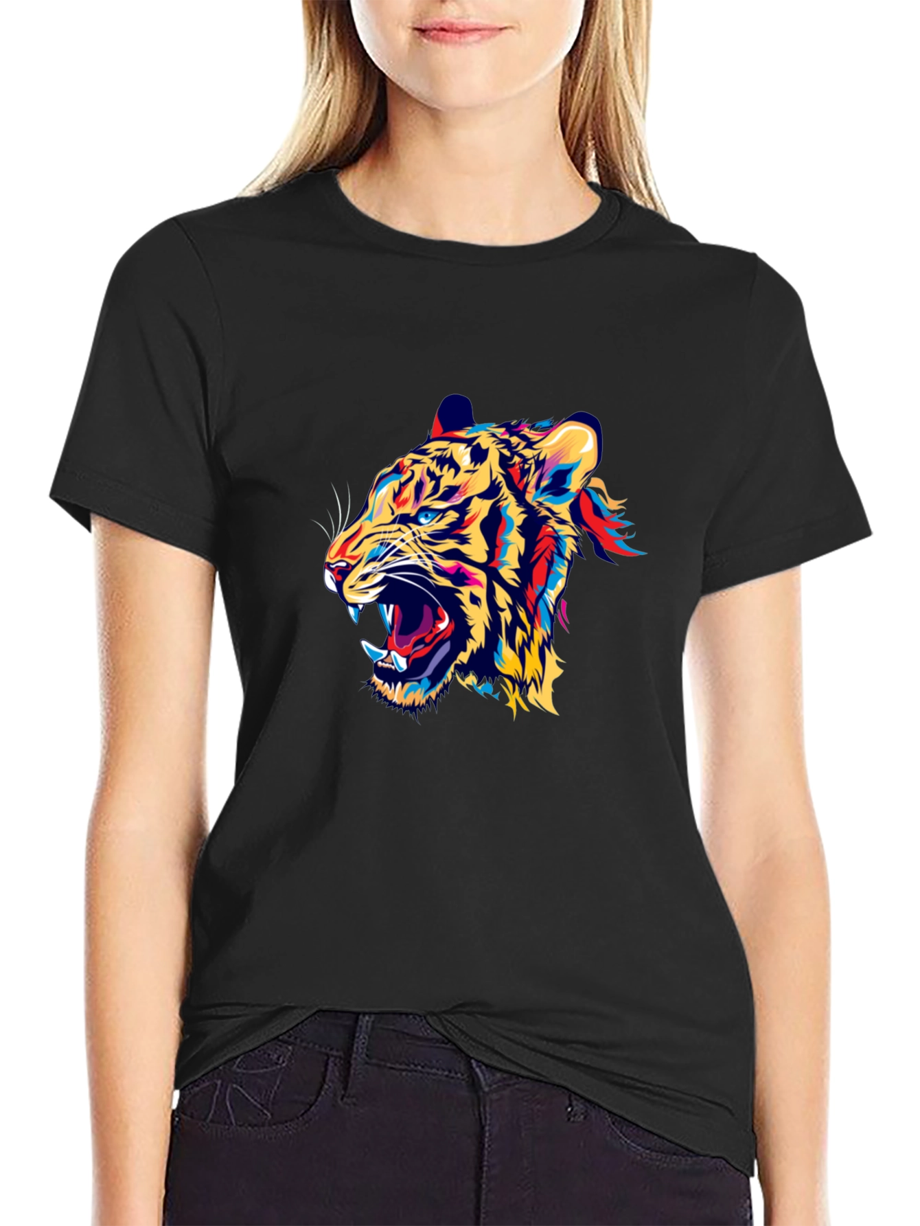 Bold Tiger Graphic Print Black Crew Neck T-Shirt