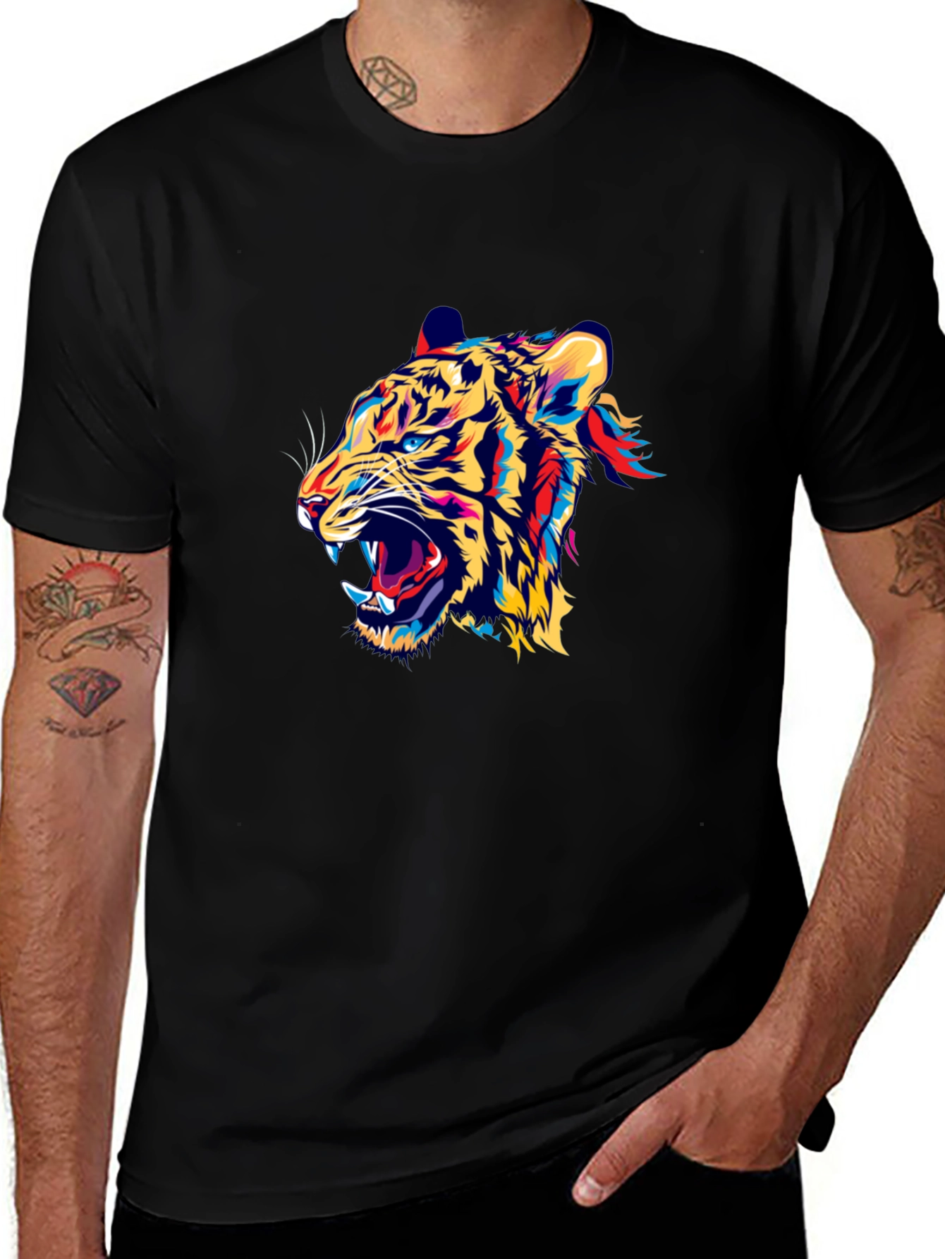 Bold Tiger Graphic Print Black Crew Neck T-Shirt